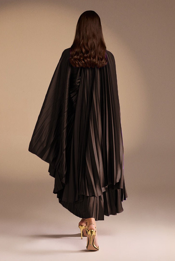 Brown Pleated Cape Midi Dress - shopaleena