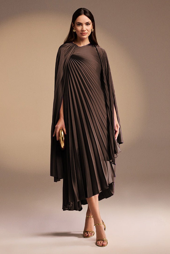 Brown Pleated Cape Midi Dress - shopaleena