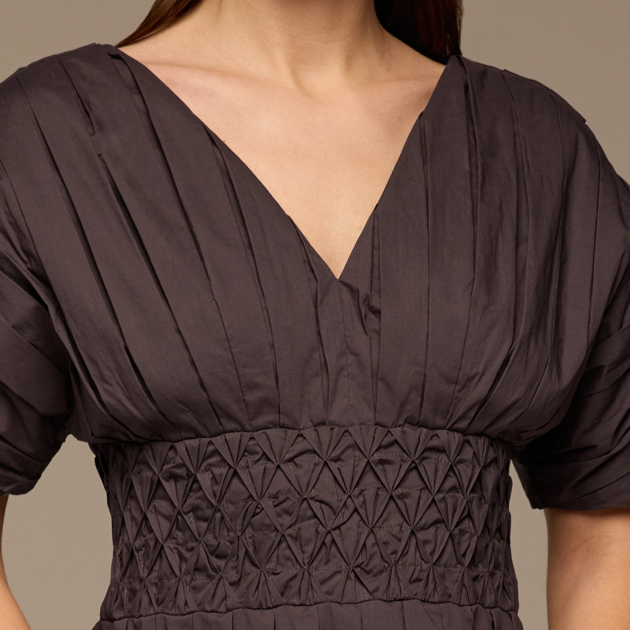 Brown Poplin Cotton Puffy Sleeve Dress - shopaleena