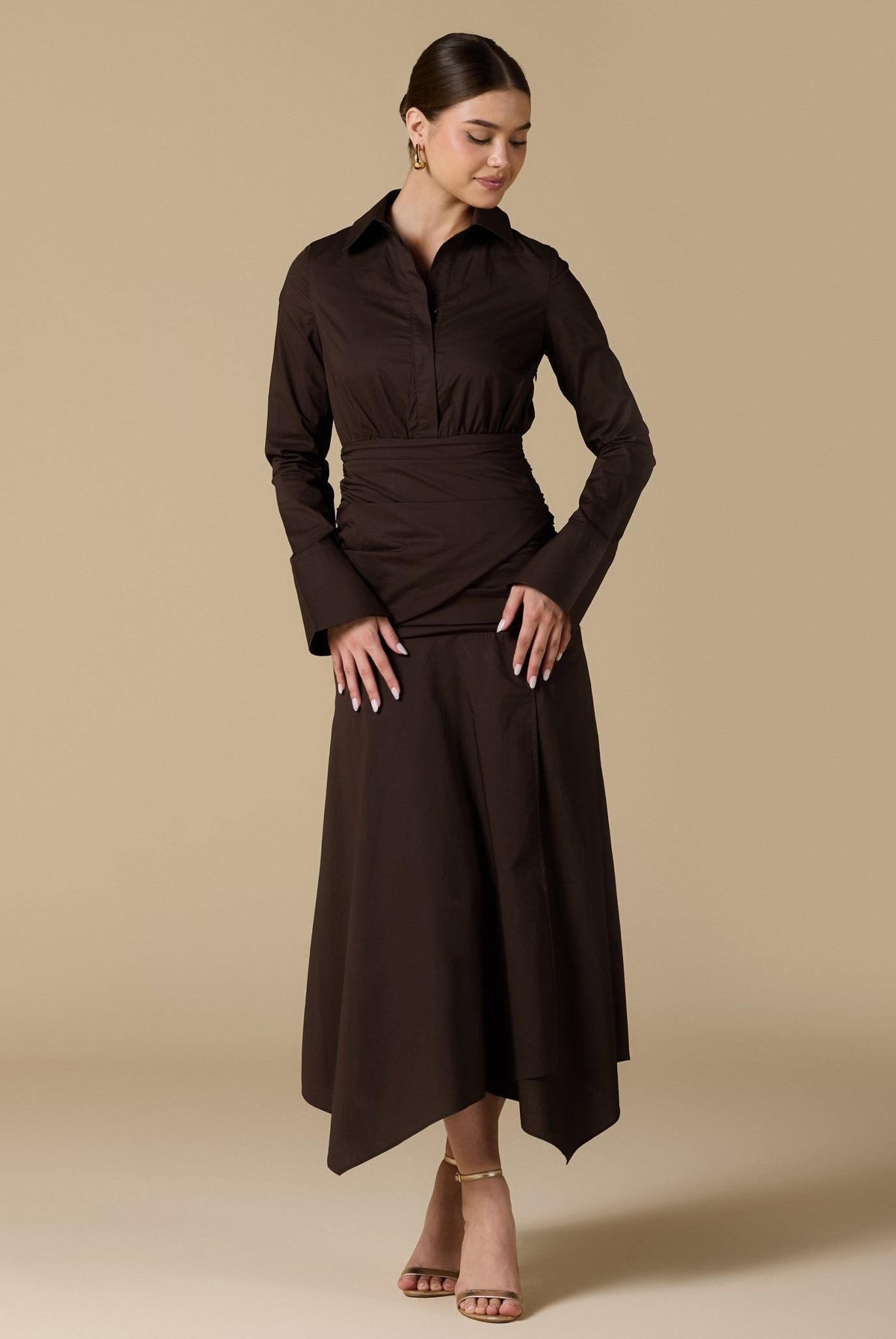 Brown Poplin Shirt Dress With Gathered Waist - shopaleena