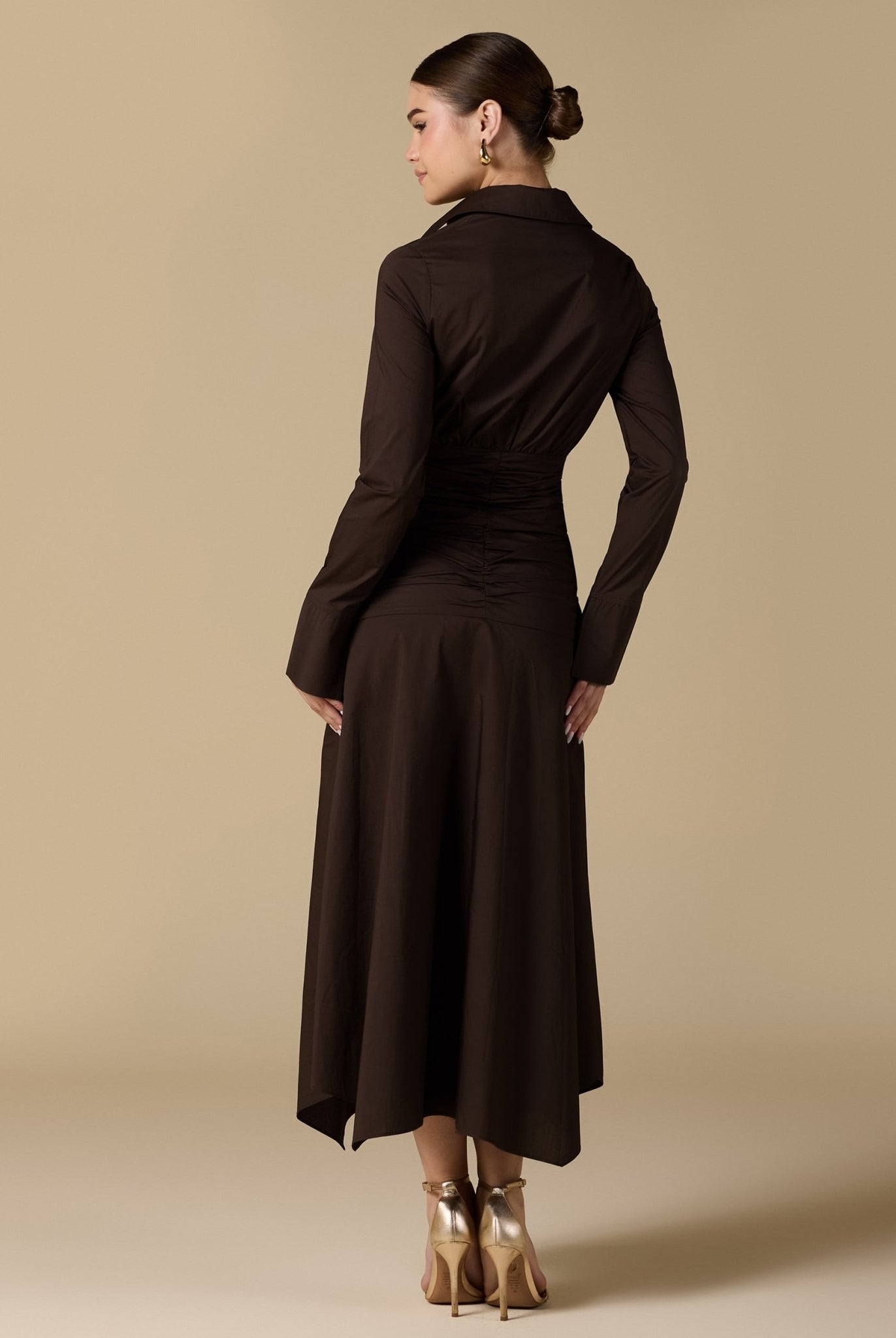 Brown Poplin Shirt Dress With Gathered Waist - shopaleena