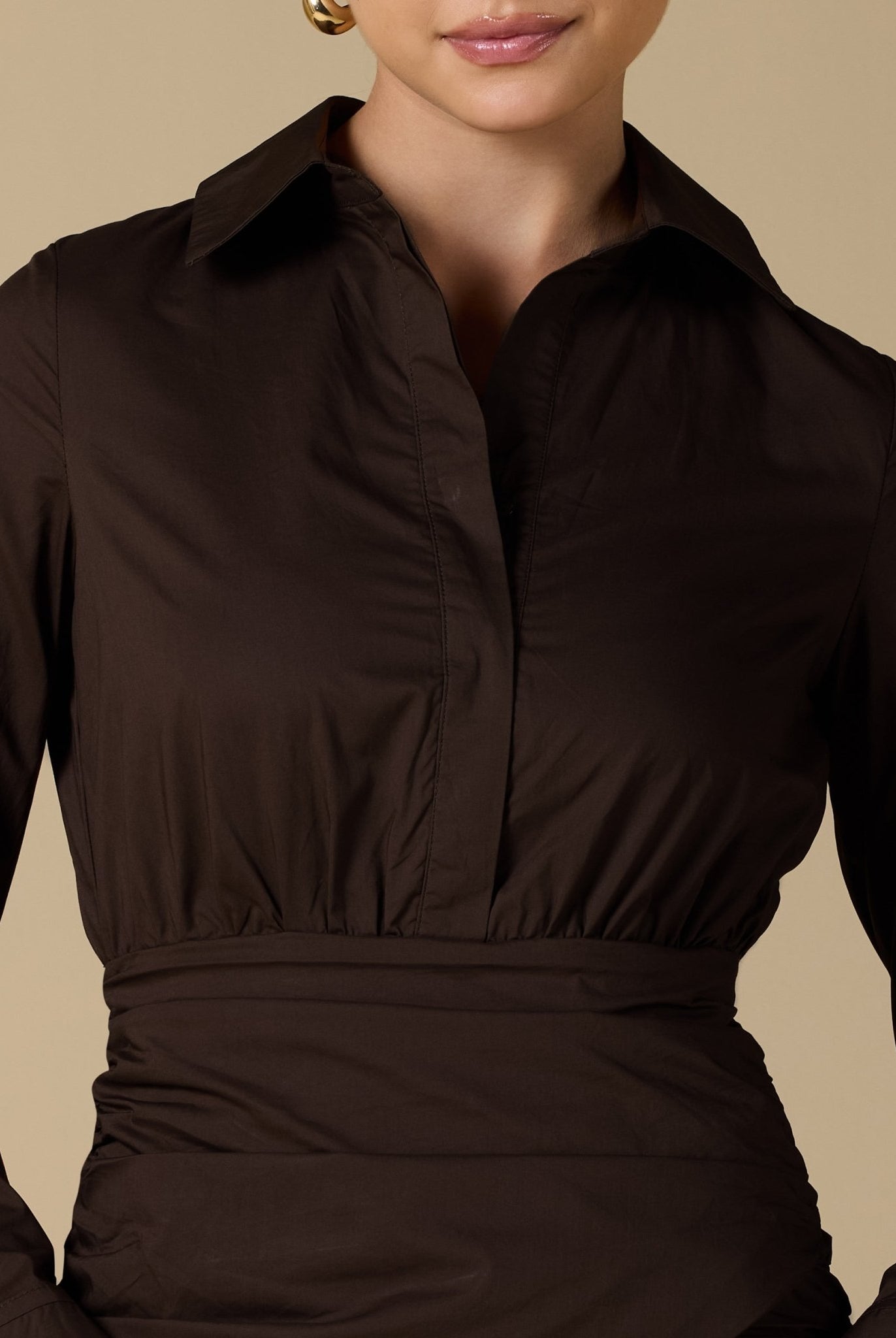 Brown Poplin Shirt Dress With Gathered Waist - shopaleena