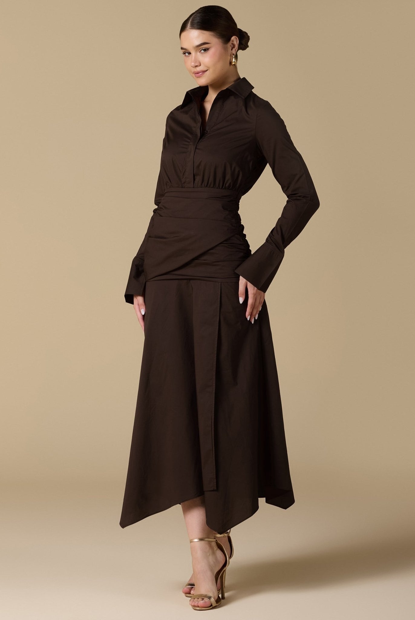 Brown Poplin Shirt Dress With Gathered Waist - shopaleena