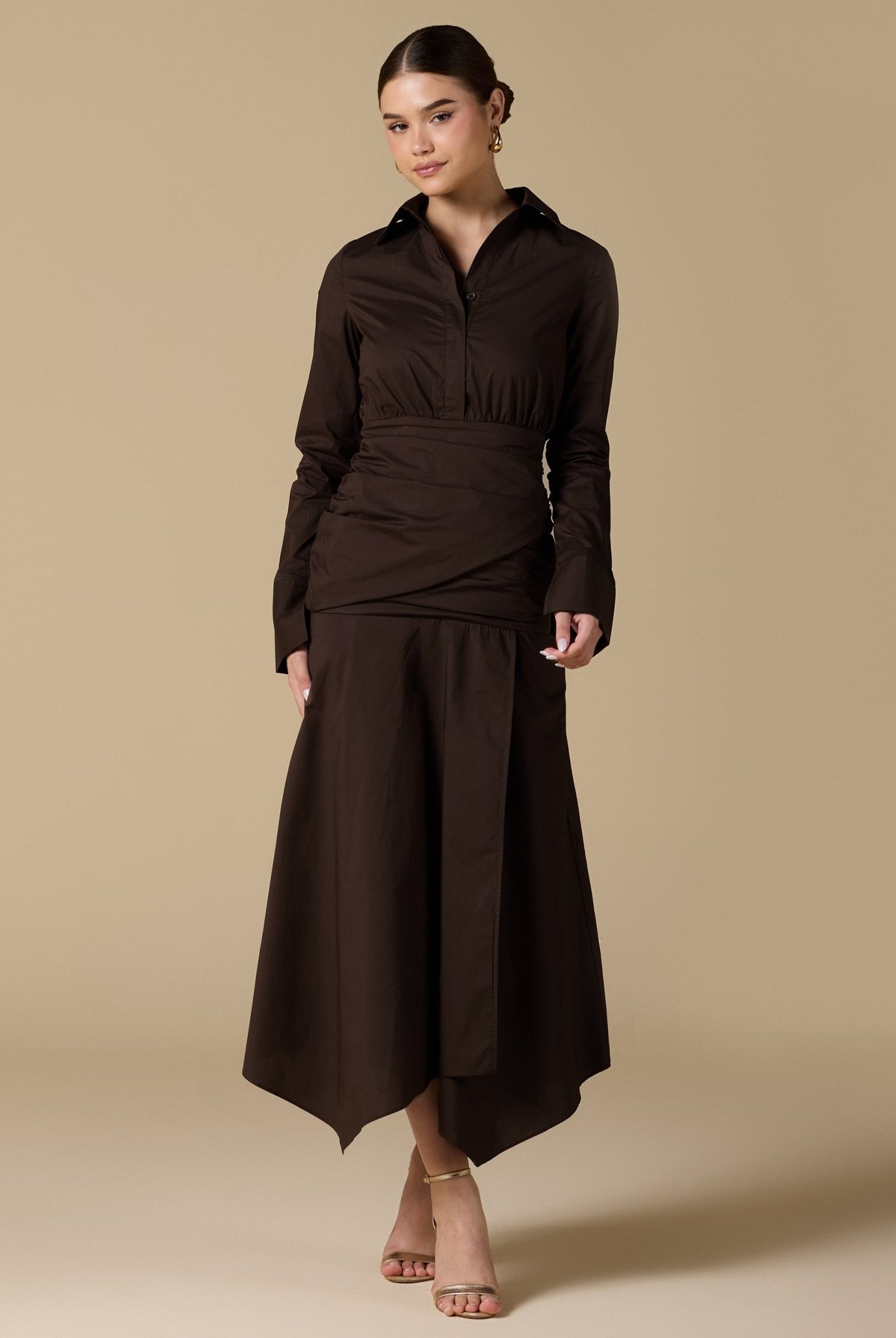 Brown Poplin Shirt Dress With Gathered Waist - shopaleena