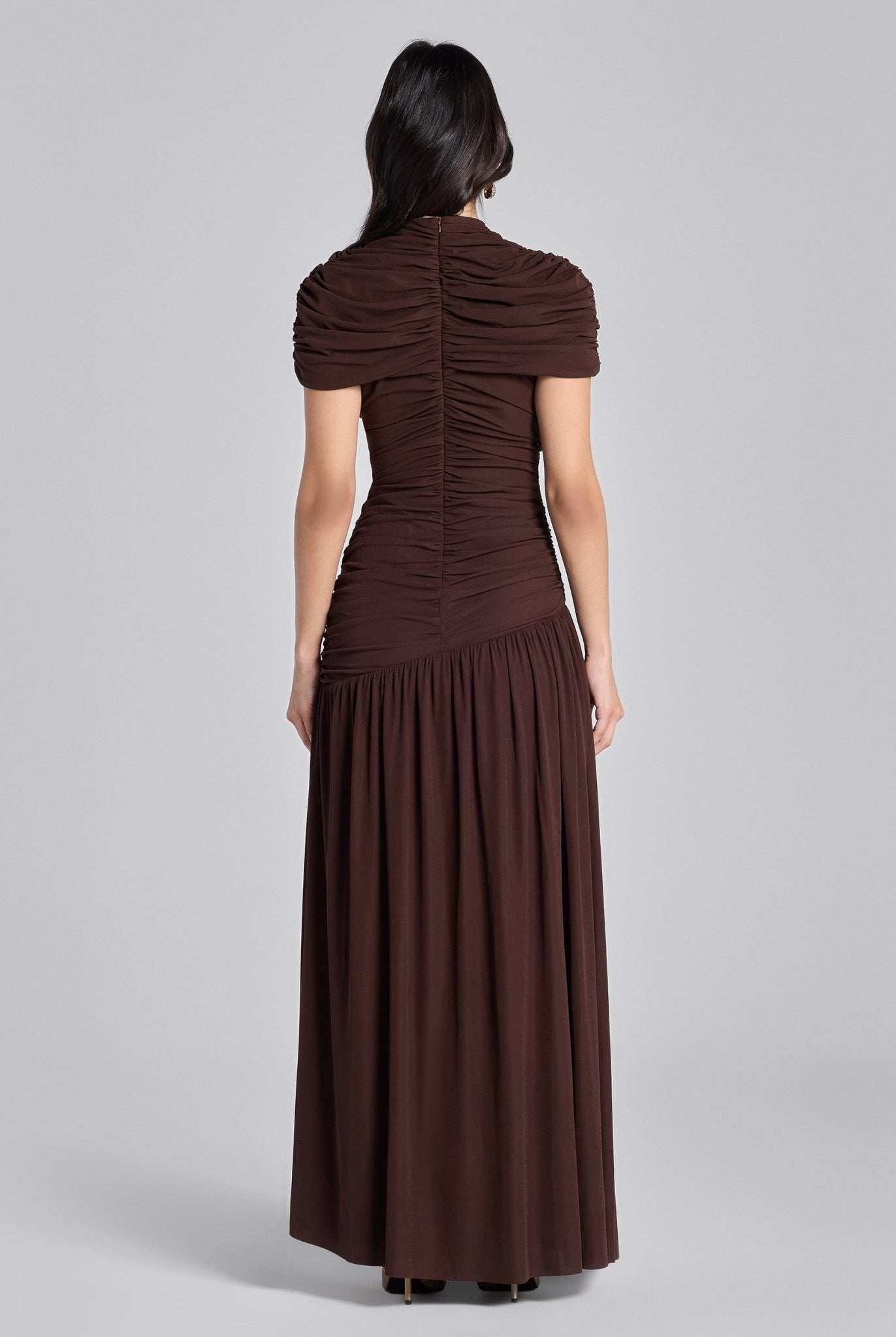 Brown Ruched Jersey Midi Dress - shopaleena