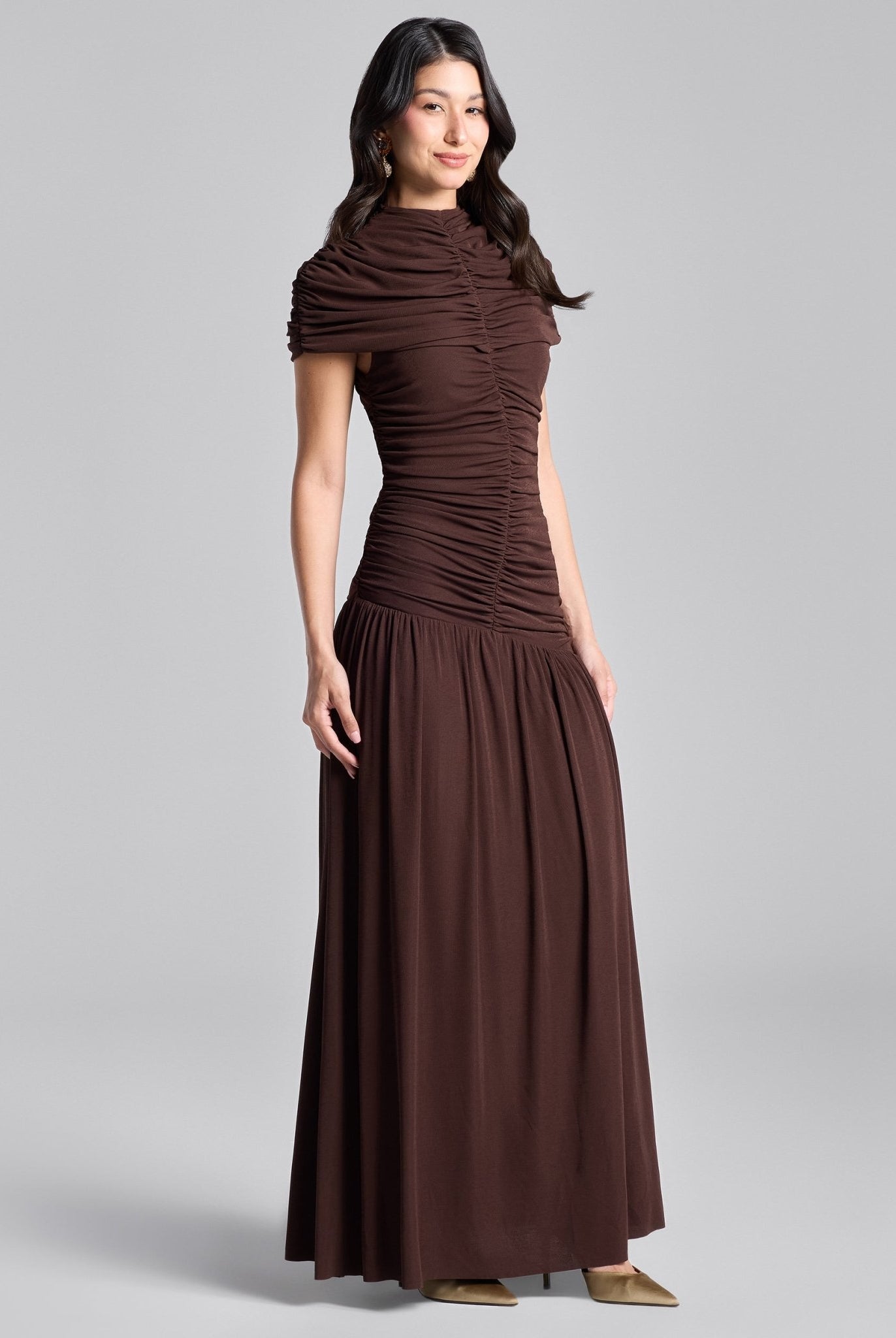 Brown Ruched Jersey Midi Dress - shopaleena