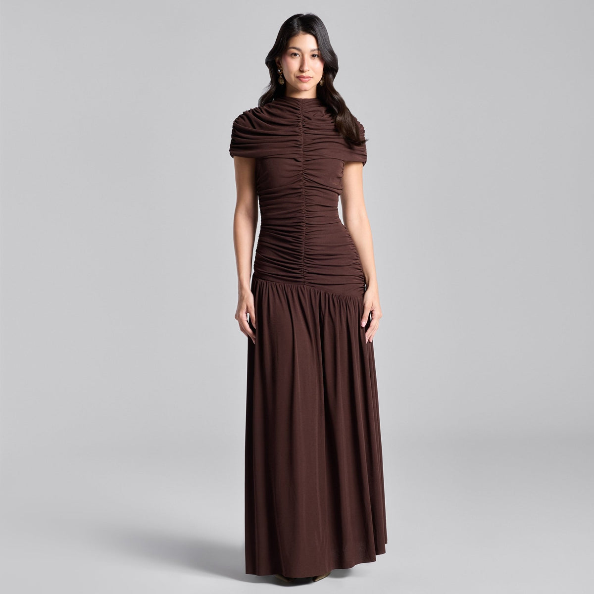 Brown Ruched Jersey Maxi Dress – shopaleena