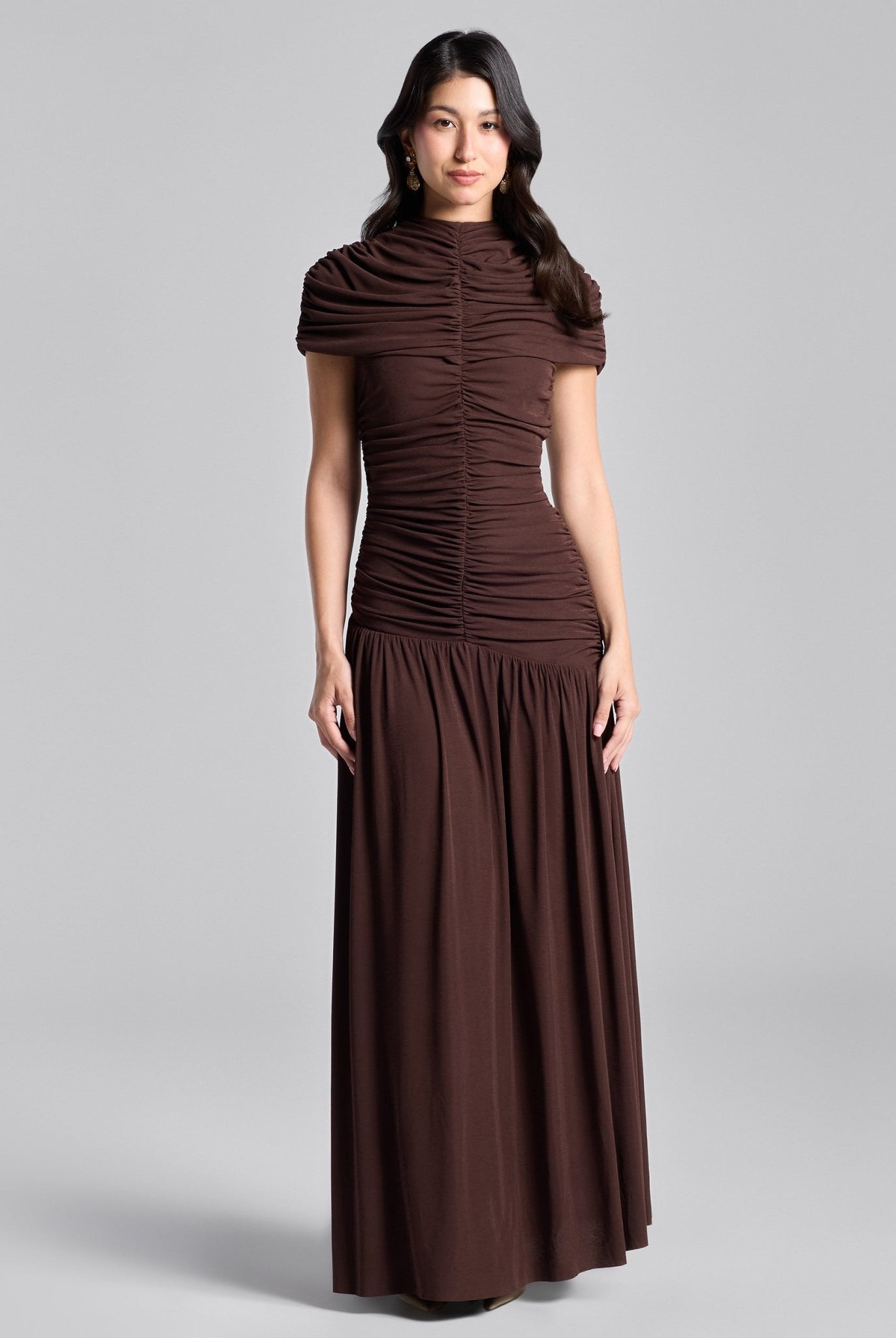 Brown Ruched Jersey Midi Dress - shopaleena