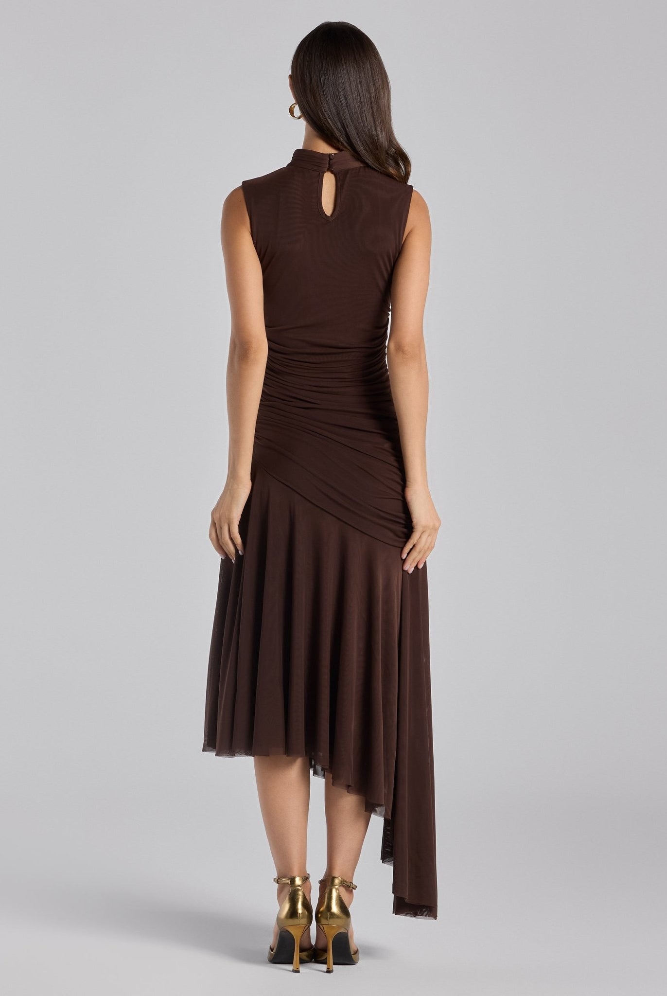 Brown Ruched Ruffle Midi Dress - shopaleena