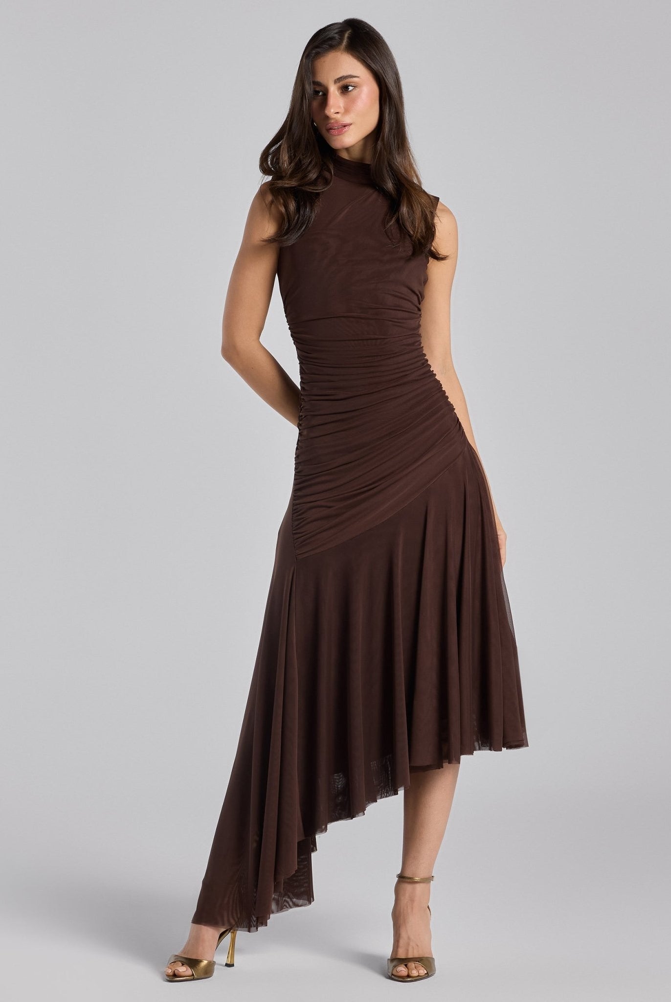 Brown Ruched Ruffle Midi Dress - shopaleena