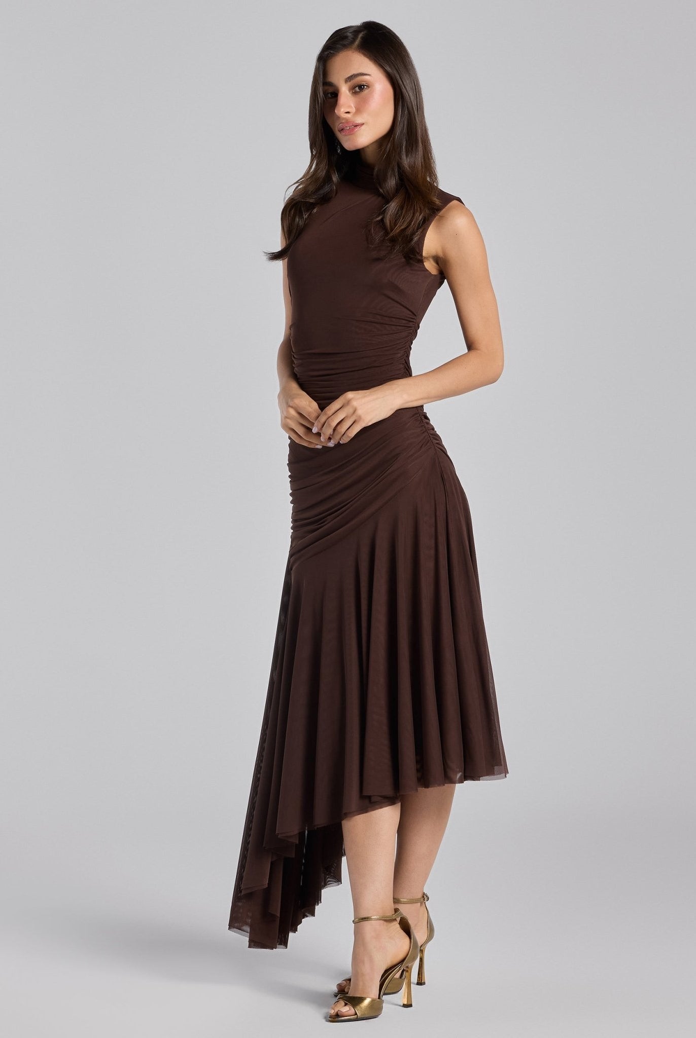 Brown Ruched Ruffle Midi Dress - shopaleena