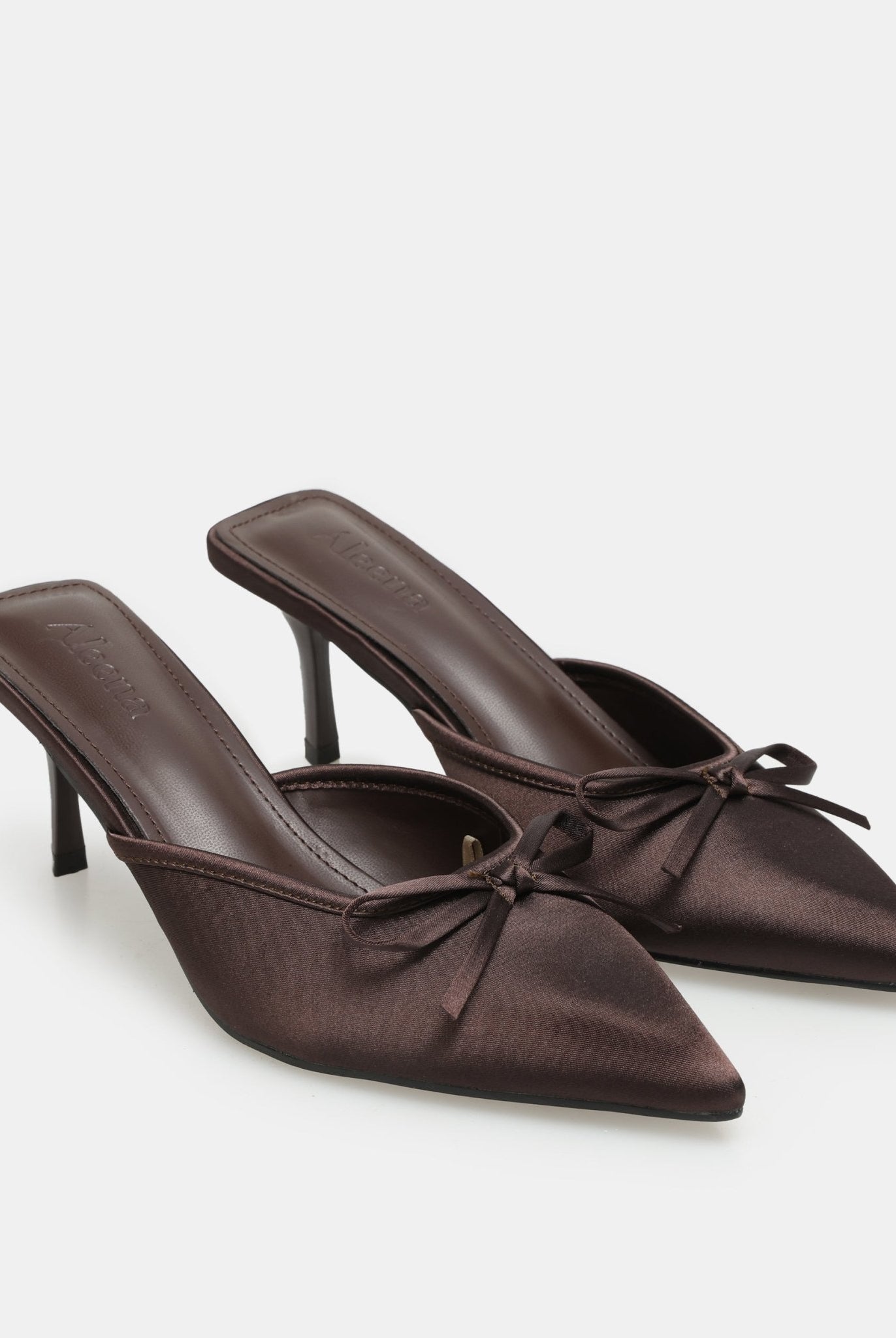 Brown Satin Bow Mules - shopaleena