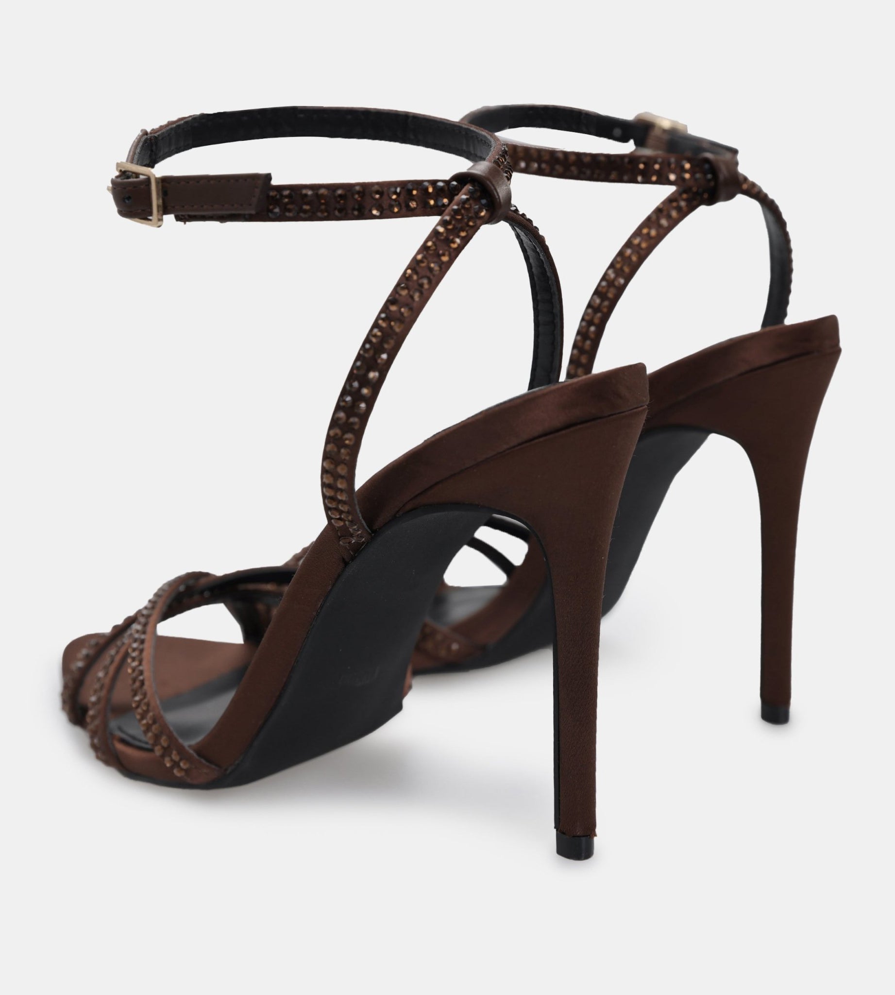 Brown Satin High Heel Sandals with Crystals - shopaleena