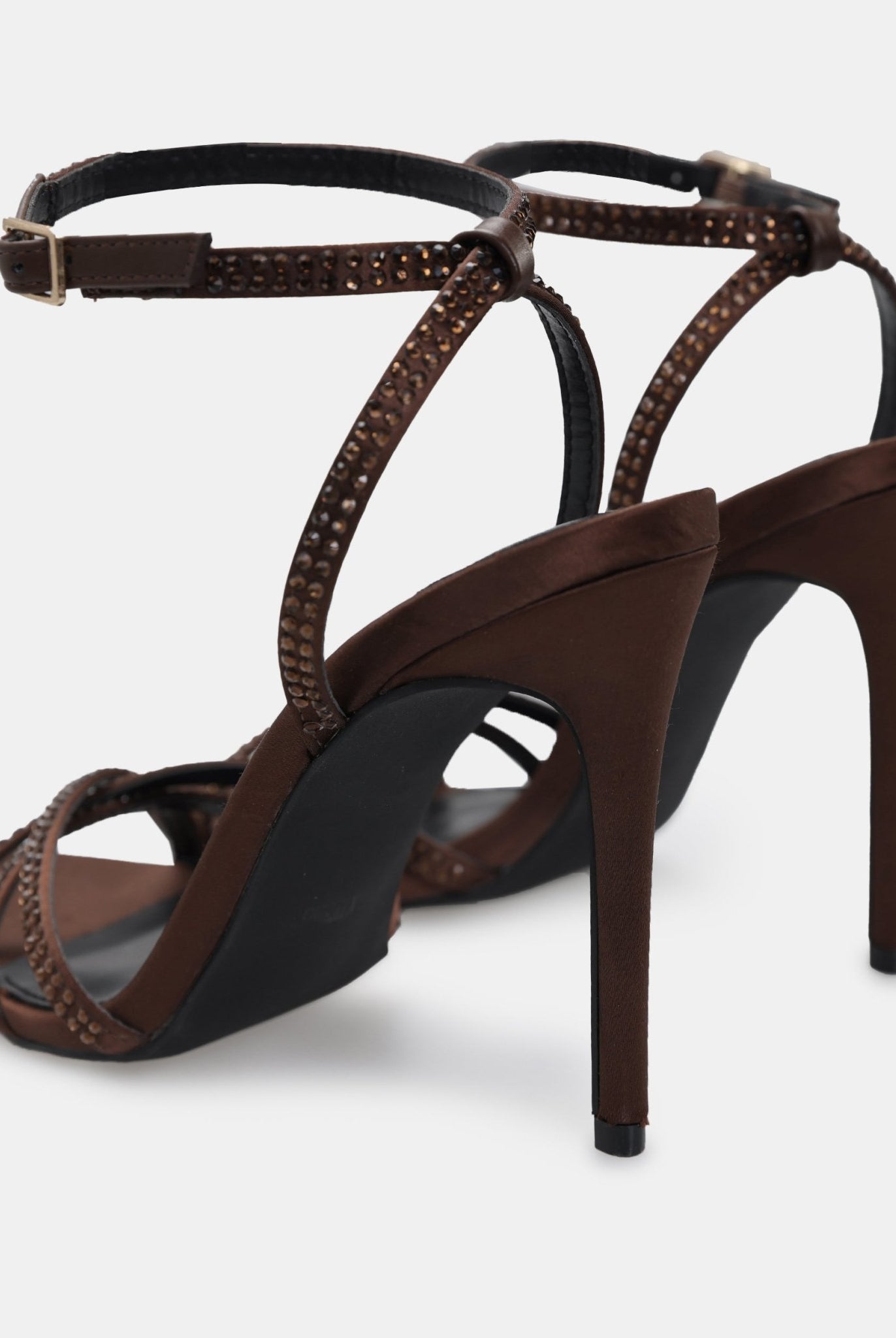 Brown Satin High Heel Sandals with Crystals - shopaleena