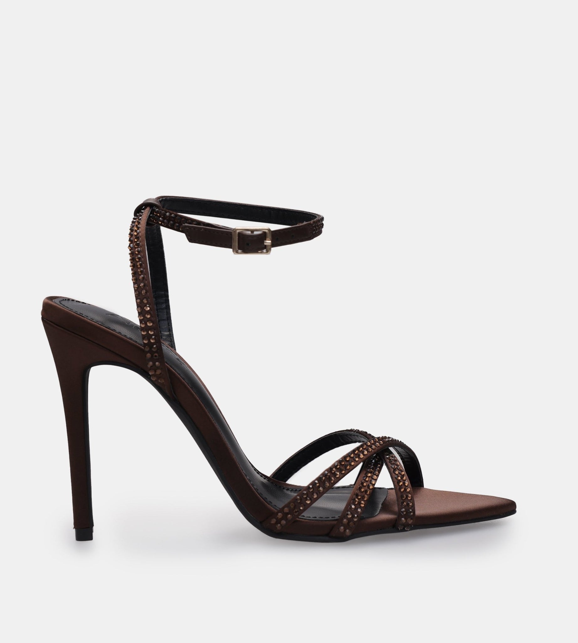Brown Satin High Heel Sandals with Crystals - shopaleena