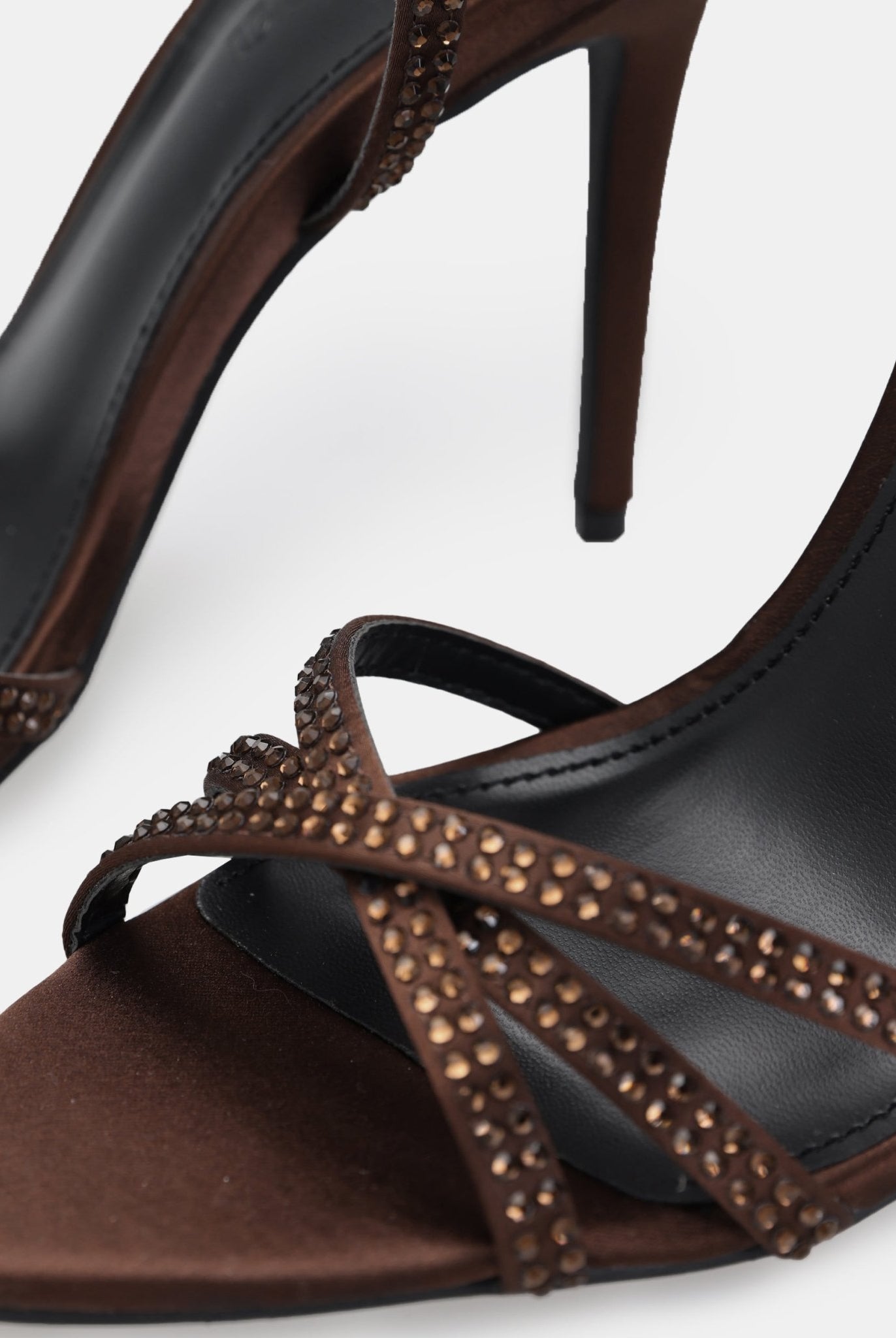 Brown Satin High Heel Sandals with Crystals - shopaleena