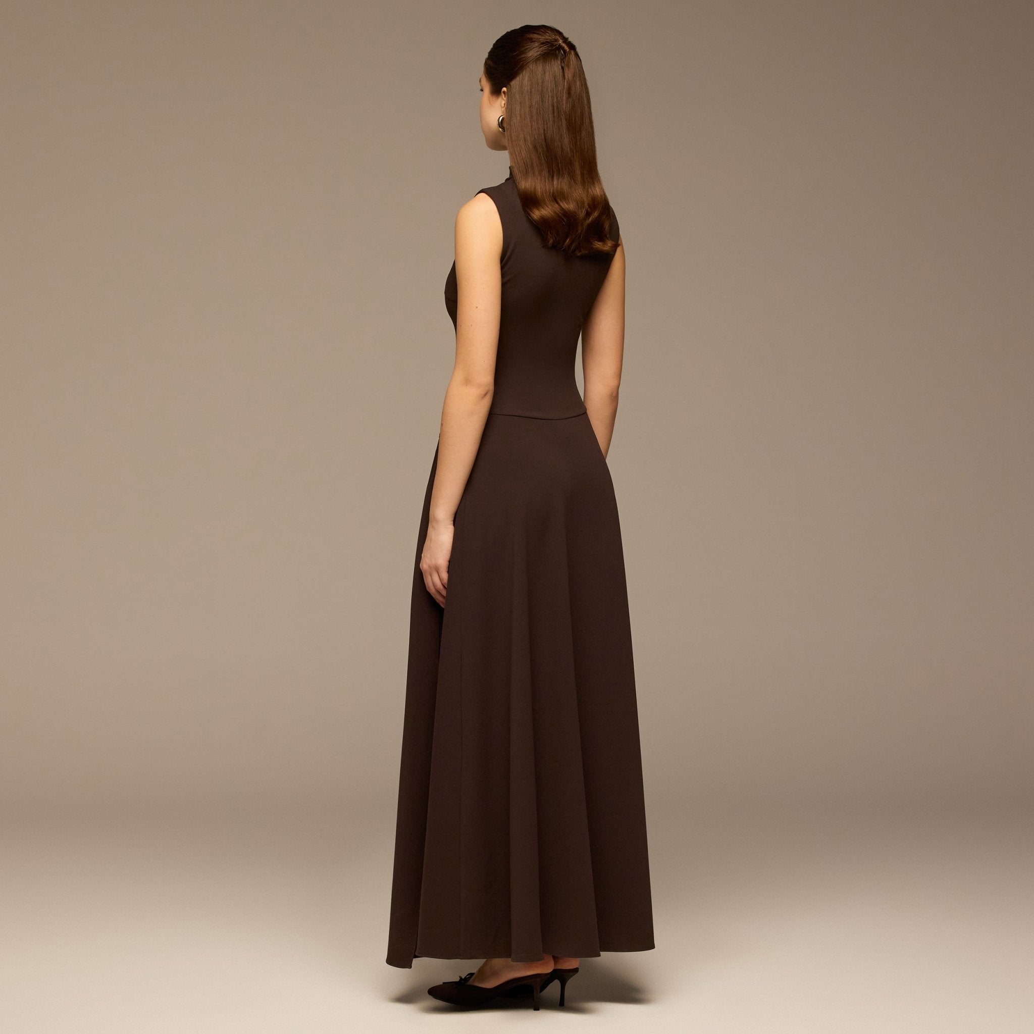 Brown Sleeveless A - line Crepe Maxi Dress - shopaleena