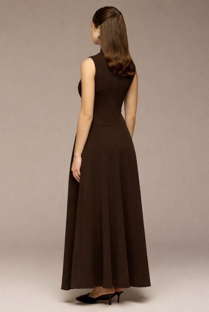 Brown Sleeveless A - line Crepe Maxi Dress - shopaleena