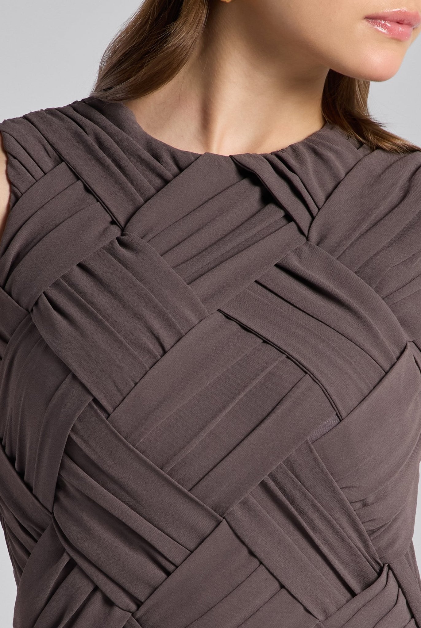 Brown Sleeveless Braided Chiffon Maxi Dress - shopaleena