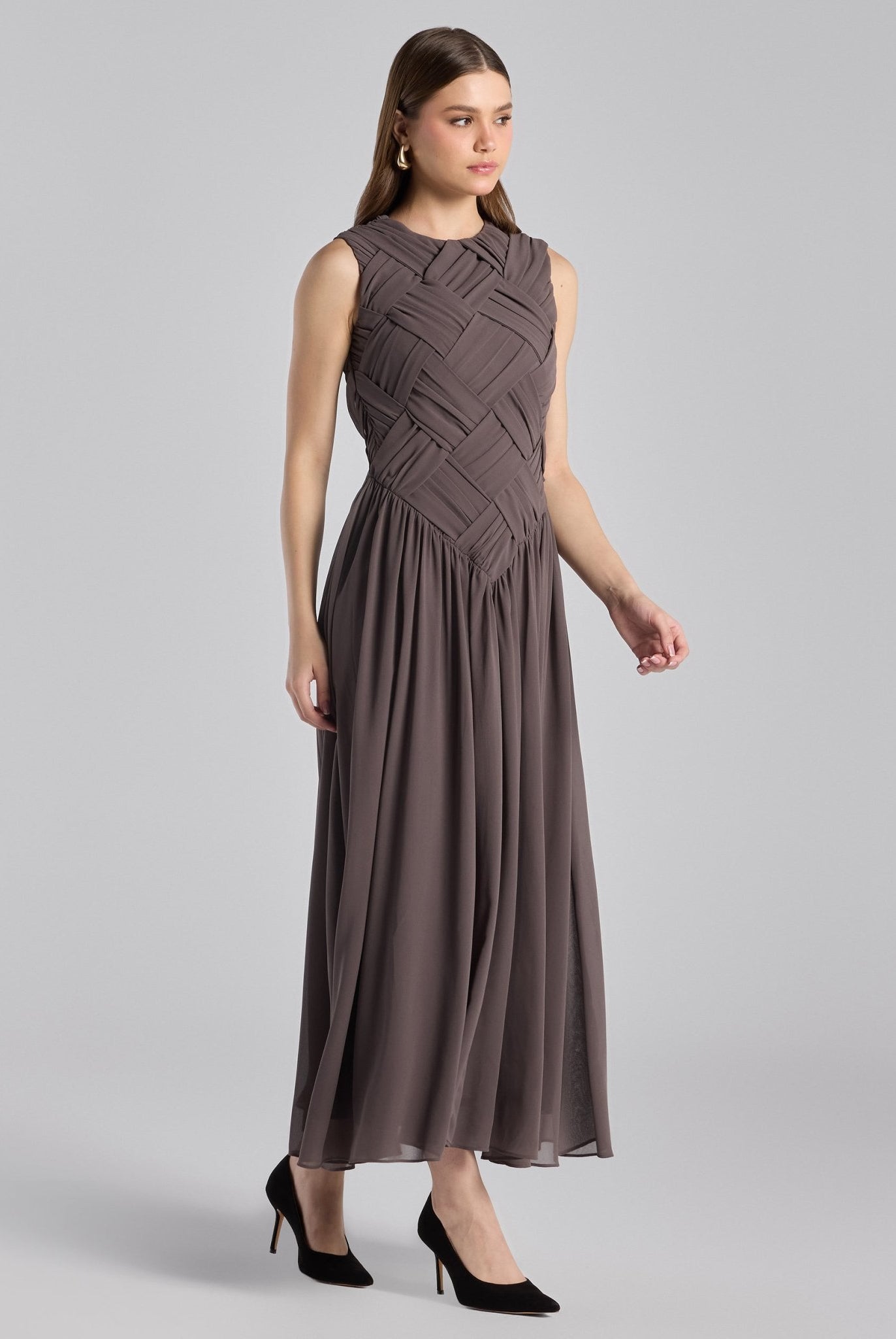 Brown Sleeveless Braided Chiffon Maxi Dress - shopaleena