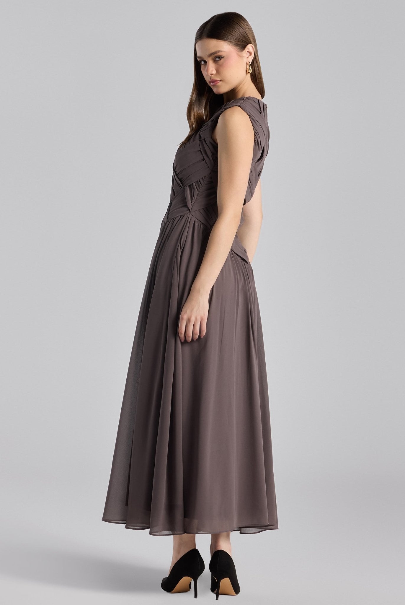 Brown Sleeveless Braided Chiffon Maxi Dress - shopaleena
