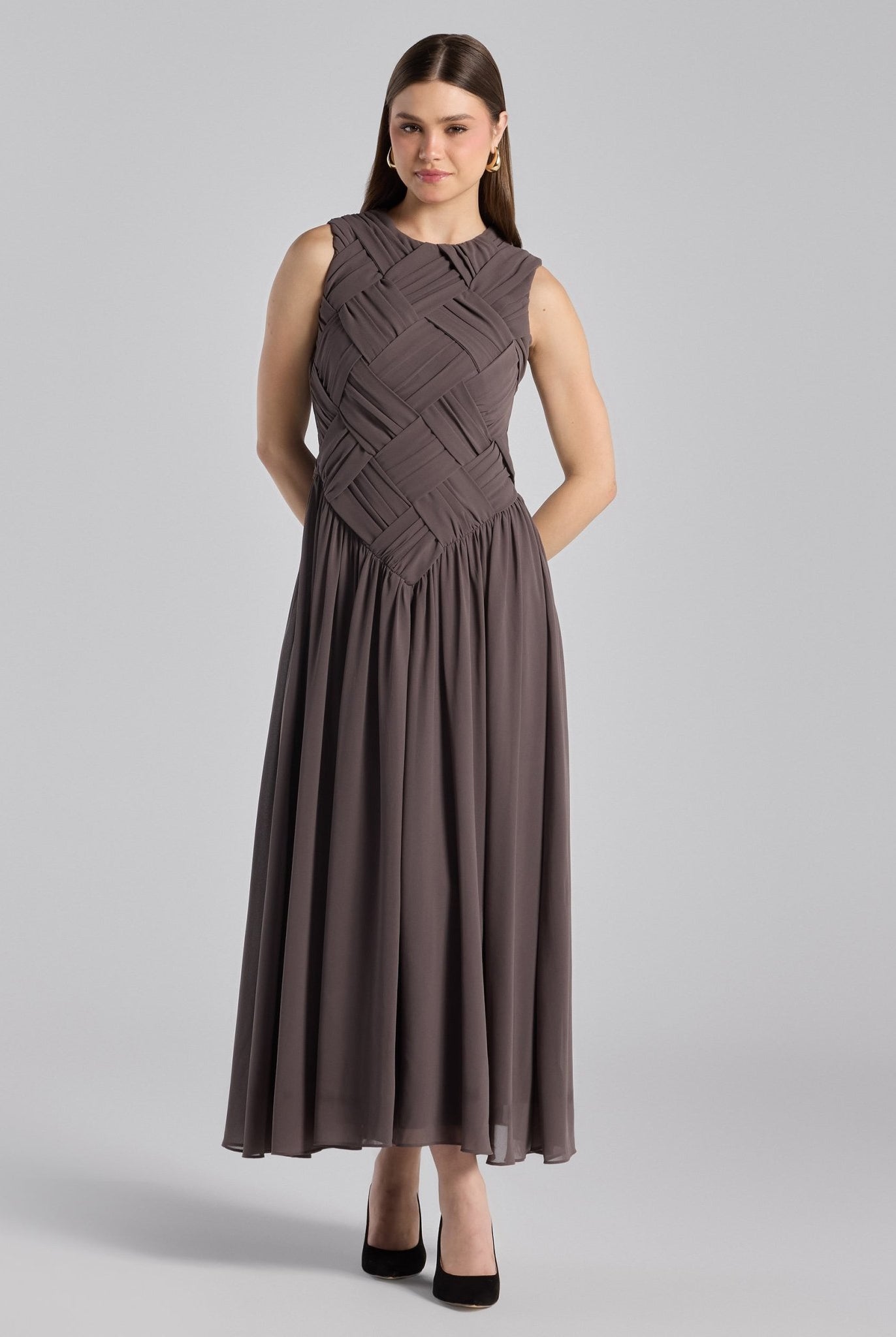 Brown Sleeveless Braided Chiffon Maxi Dress - shopaleena