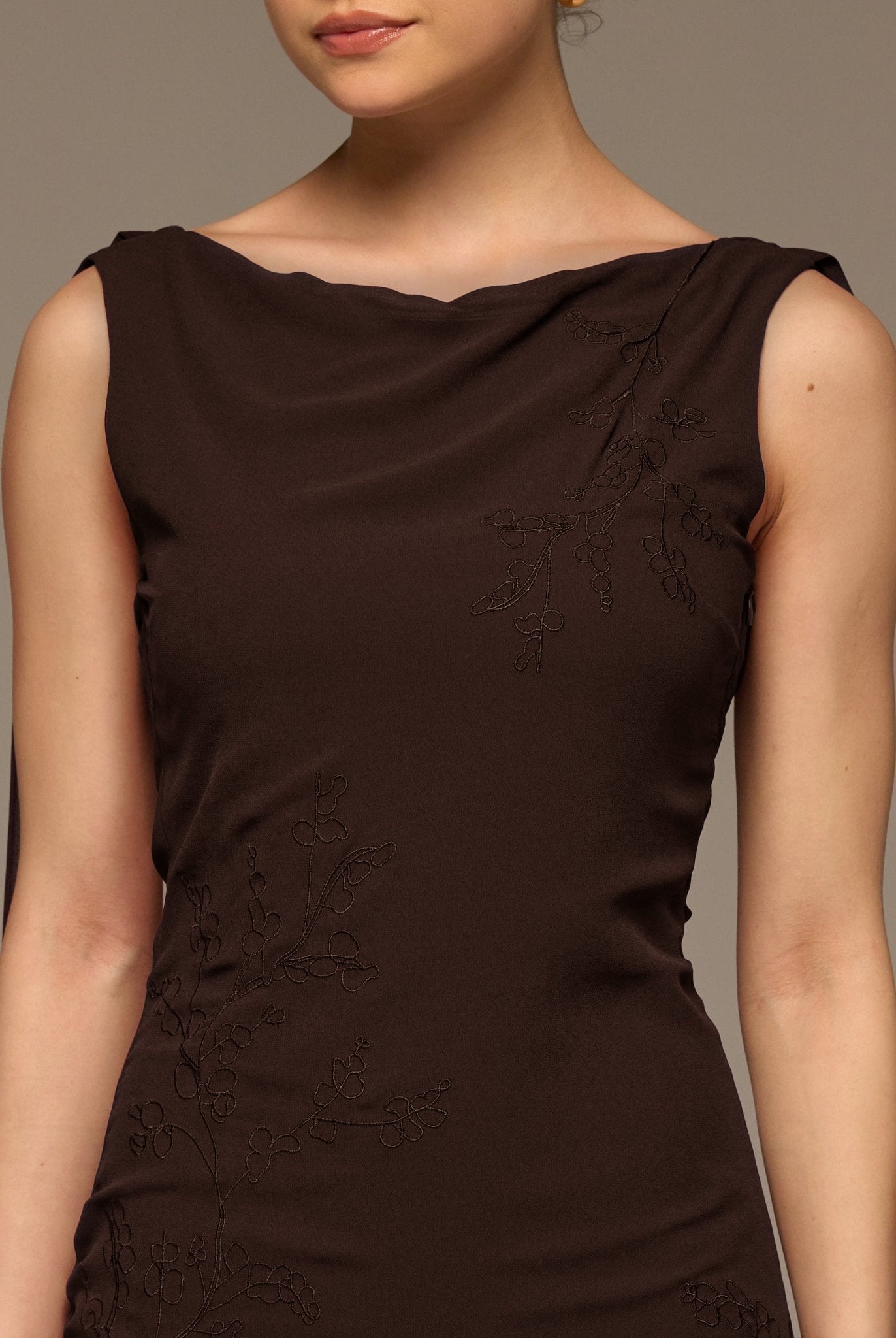 Brown Sleeveless Embroidered Chiffon Maxi Dress - shopaleena