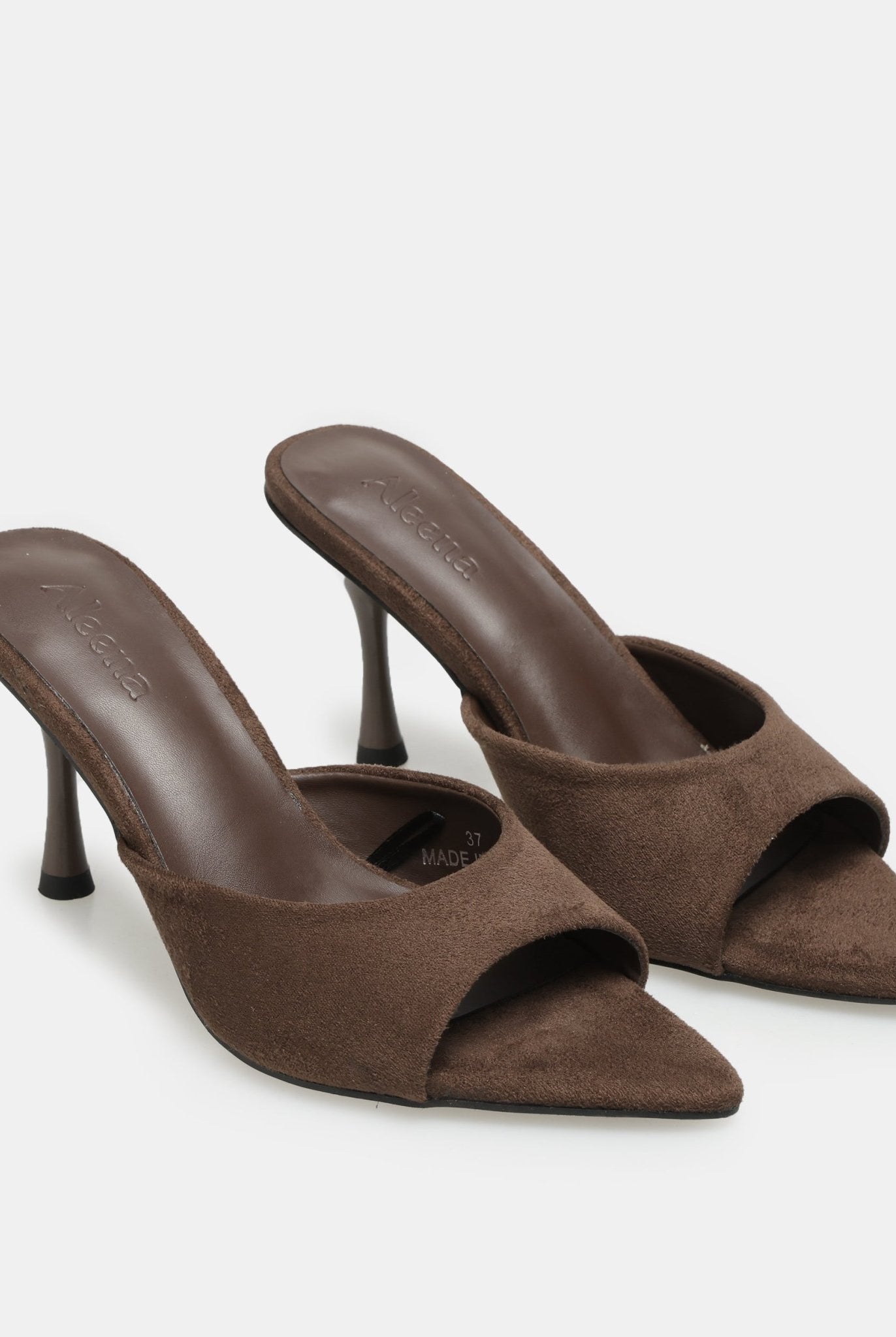 Brown Suede High Heel Mules - shopaleena