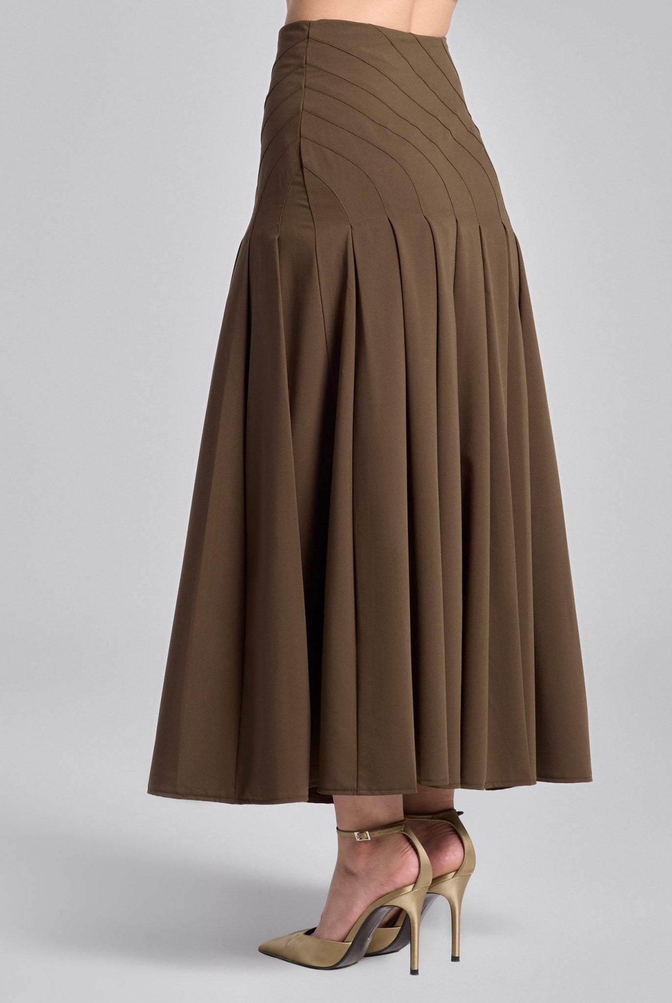 Brown Twill Pleated Maxi Skirt - shopaleena