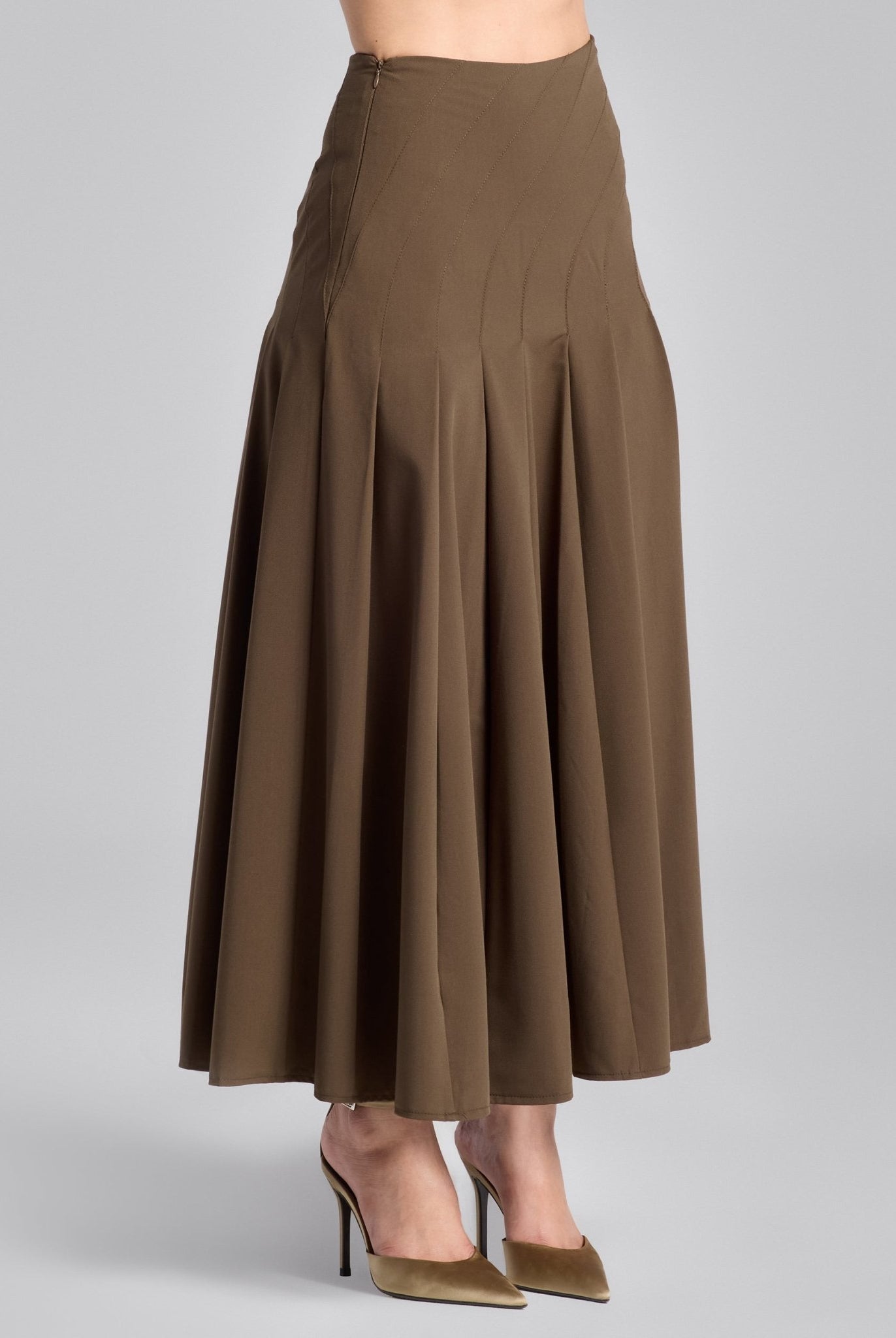 Brown Twill Pleated Maxi Skirt - shopaleena