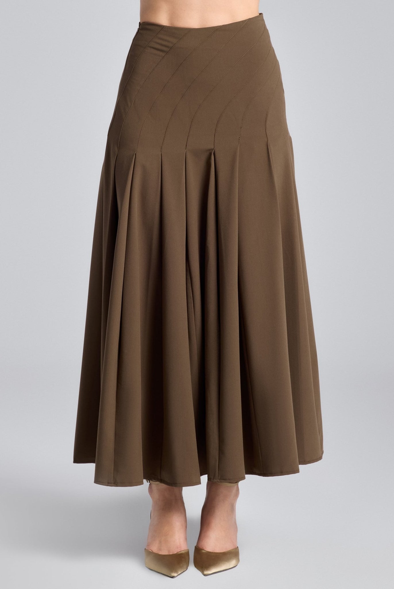 Brown Twill Pleated Maxi Skirt - shopaleena