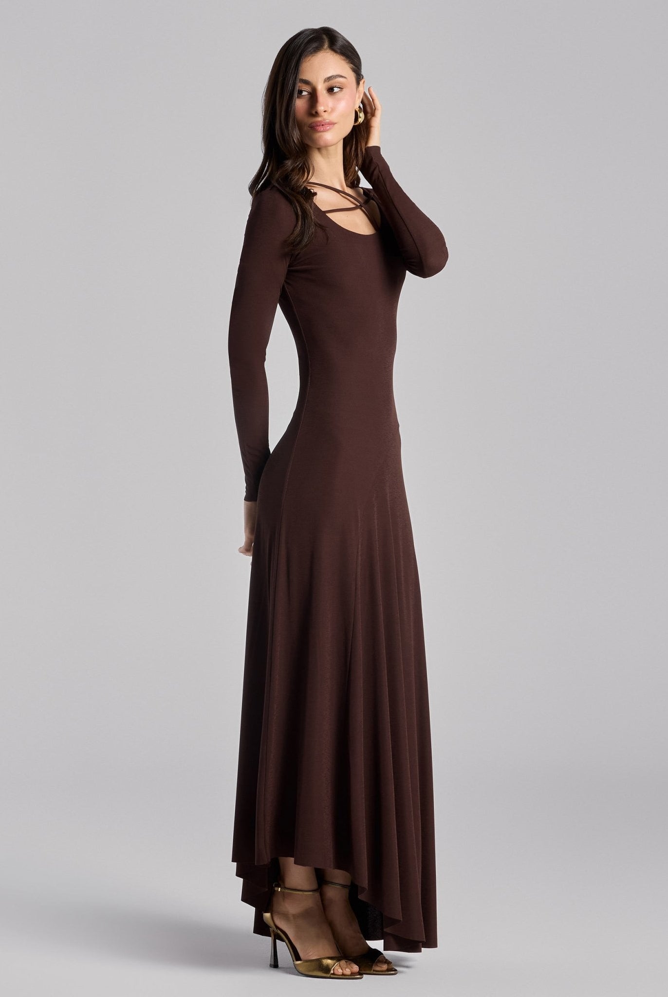Brown Twist Detail Jersey Maxi Dress - shopaleena