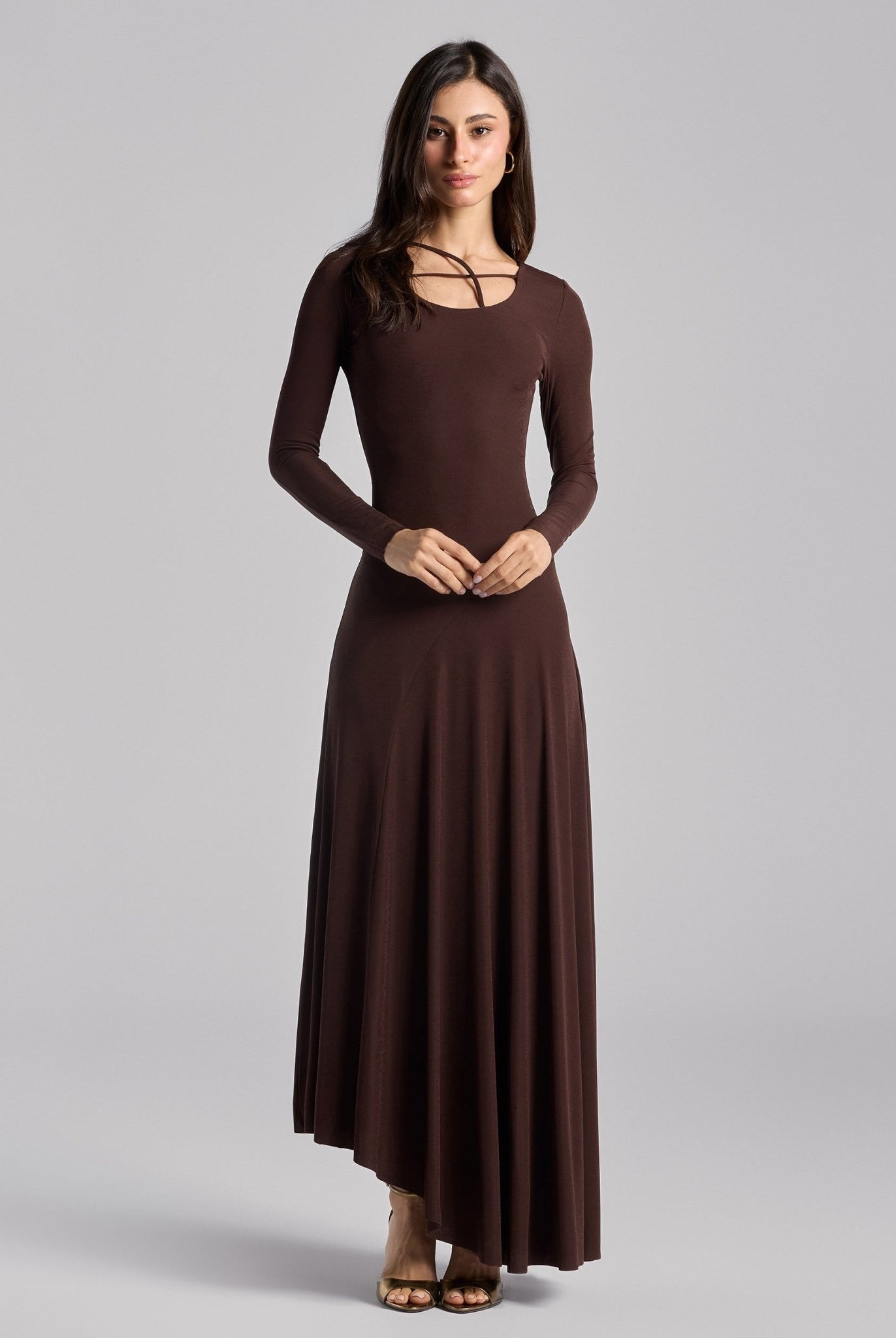 Brown Twist Detail Jersey Maxi Dress - shopaleena