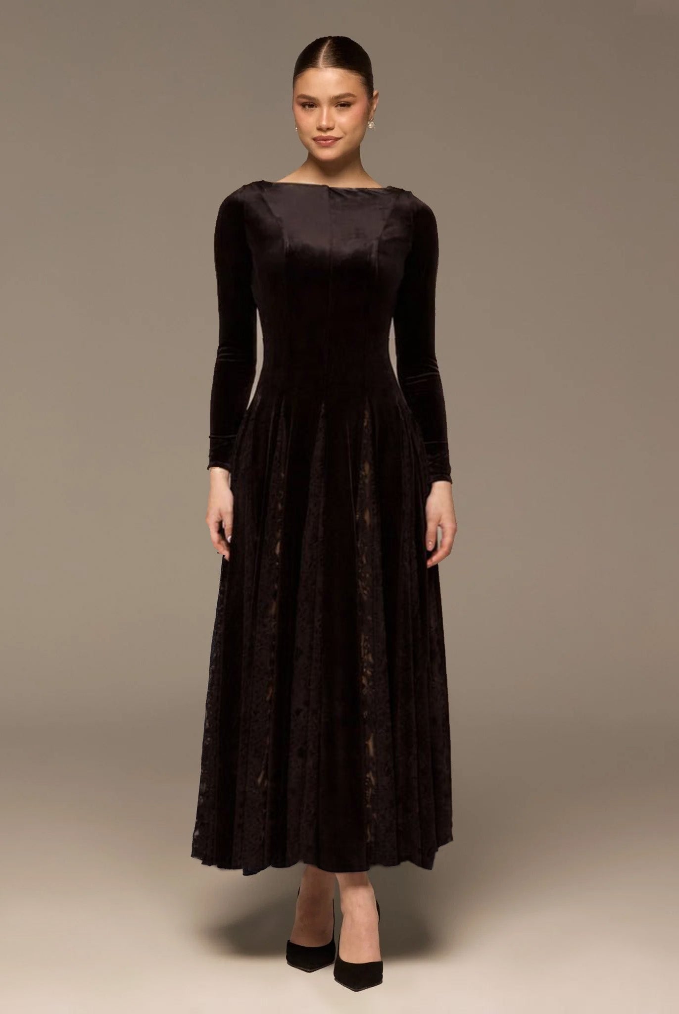 Brown Velvet Maxi Dress with Lace Godets - shopaleena