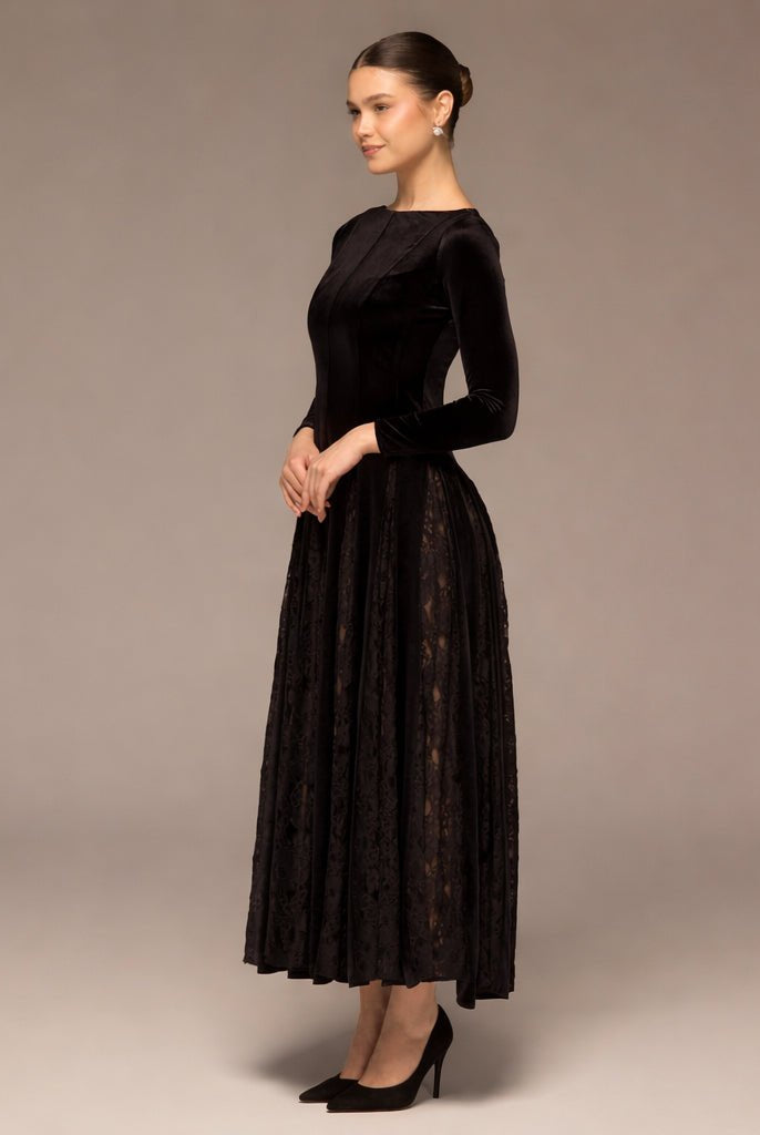 Brown Velvet Maxi Dress with Lace Godets - shopaleena