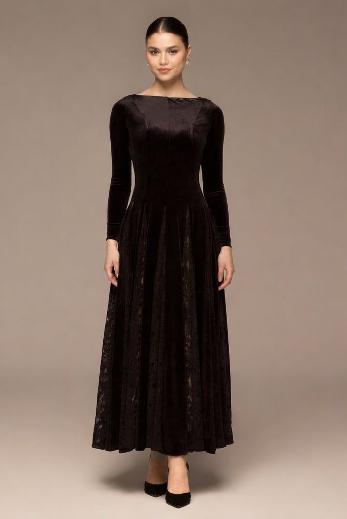 Brown Velvet Maxi Dress with Lace Godets - shopaleena