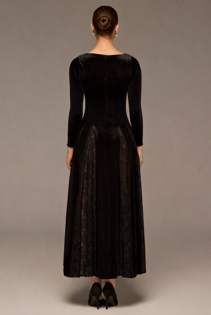 Brown Velvet Maxi Dress with Lace Godets - shopaleena