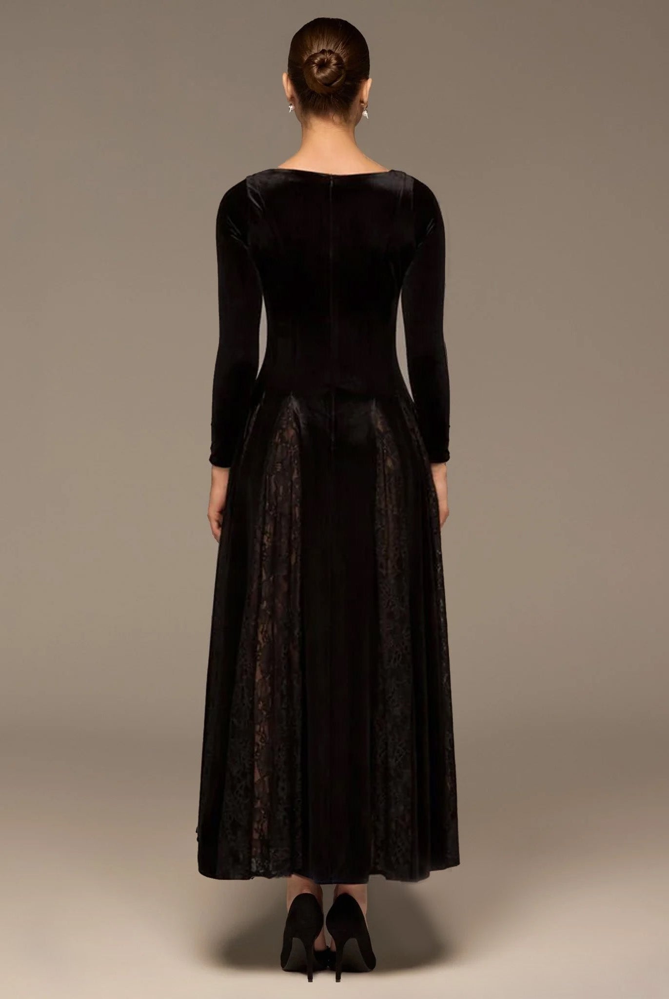 Brown Velvet Maxi Dress with Lace Godets - shopaleena