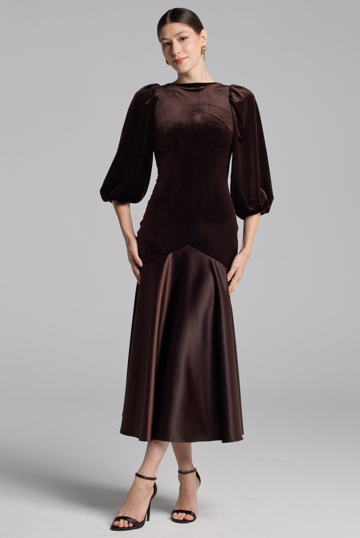 Brown Velvet - Satin Dropped - Waist Dress - shopaleena