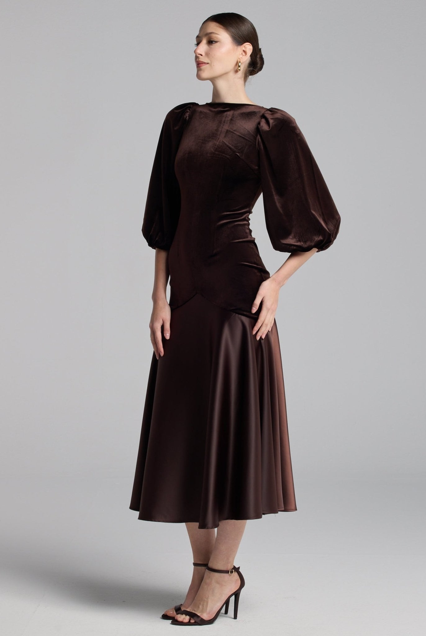 Brown Velvet - Satin Dropped - Waist Dress - shopaleena