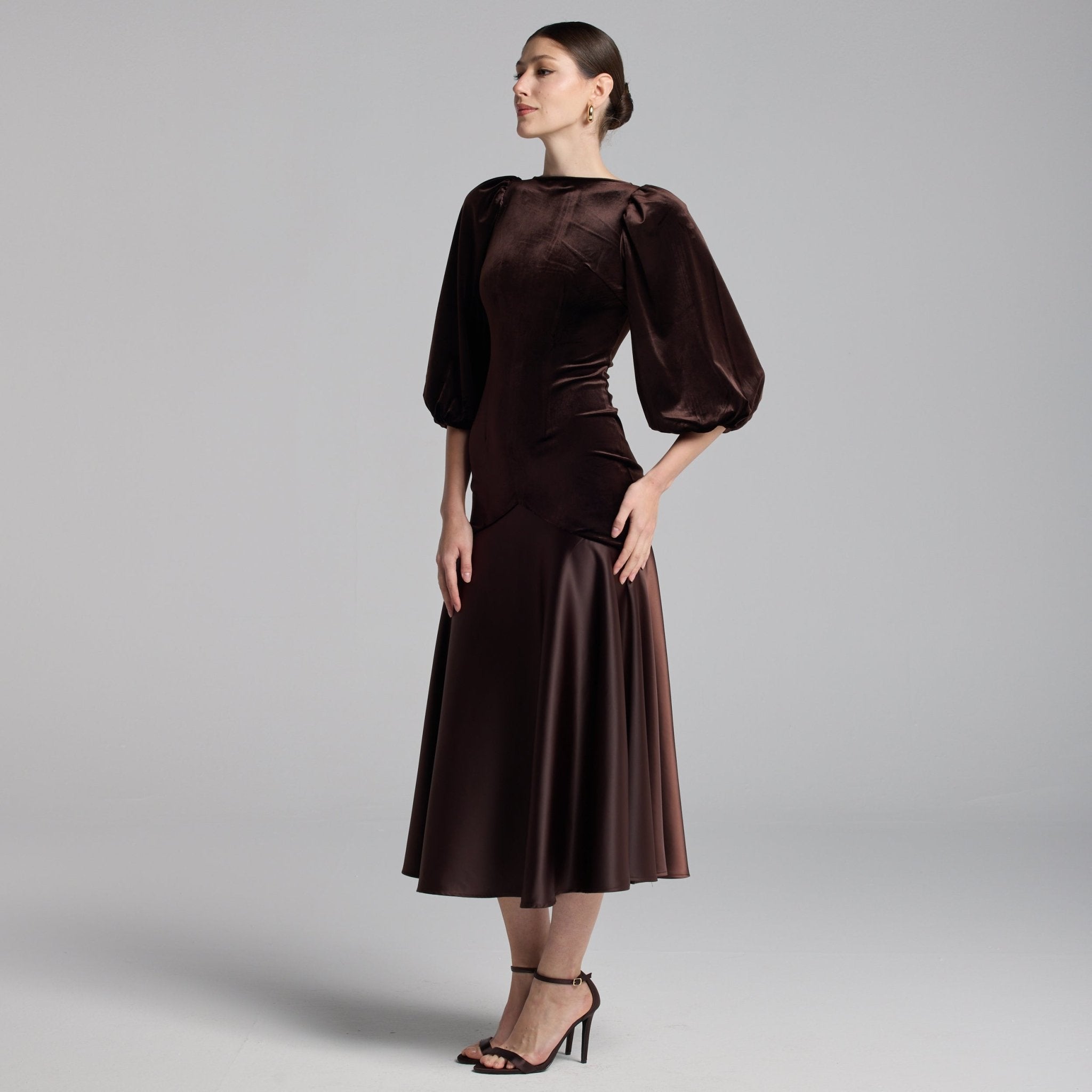 Brown Velvet - Satin Dropped - Waist Dress - shopaleena