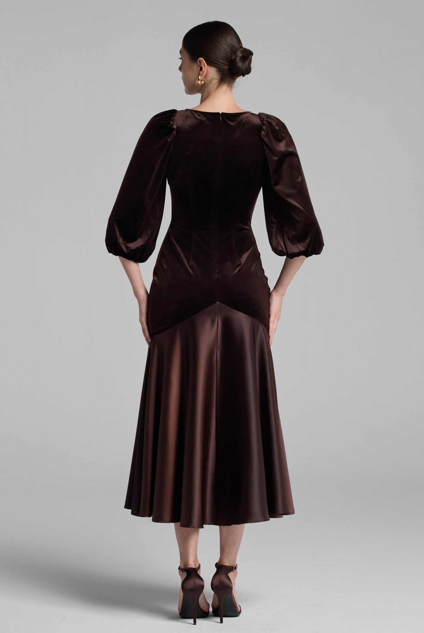 Brown Velvet - Satin Dropped - Waist Dress - shopaleena