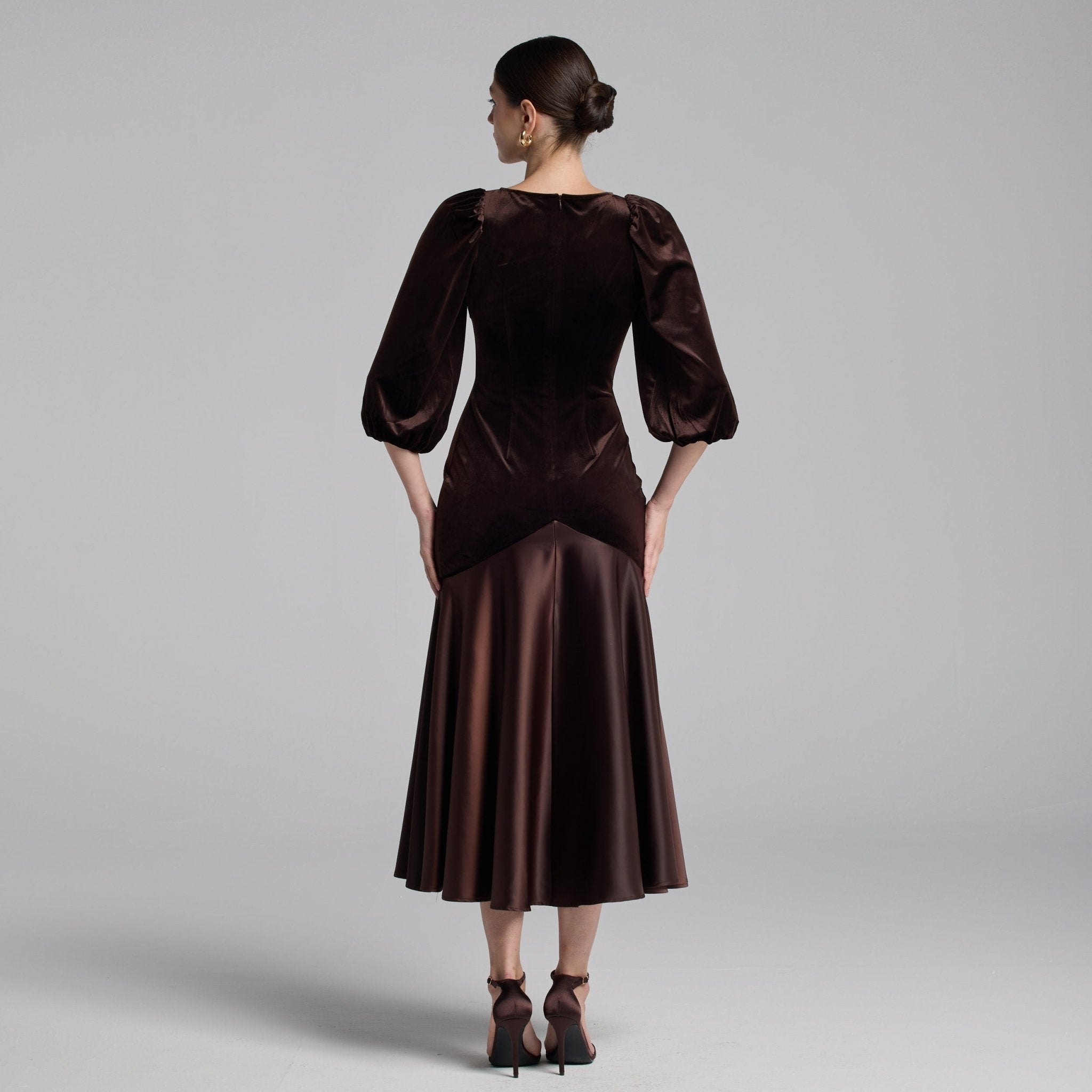 Brown Velvet - Satin Dropped - Waist Dress - shopaleena