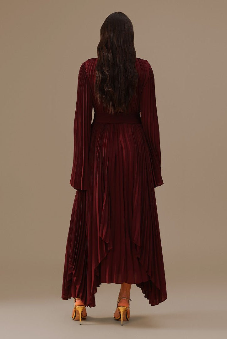 Burgundy All Pleats Long Sleeve Chiffon Dress - shopaleena