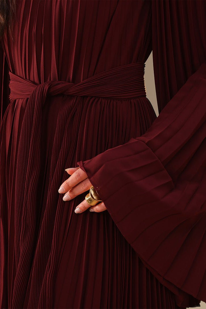 Burgundy All Pleats Long Sleeve Chiffon Dress - shopaleena