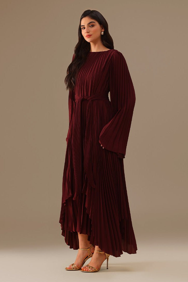 Burgundy All Pleats Long Sleeve Chiffon Dress - shopaleena