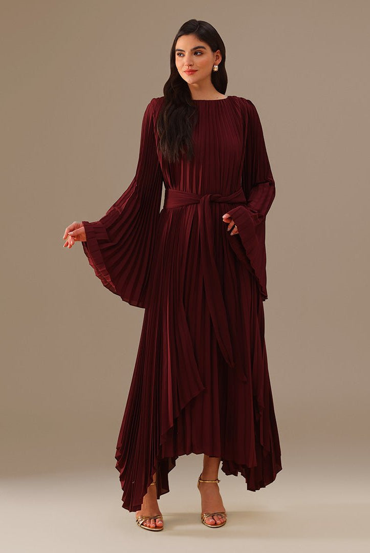Burgundy All Pleats Long Sleeve Chiffon Dress - shopaleena