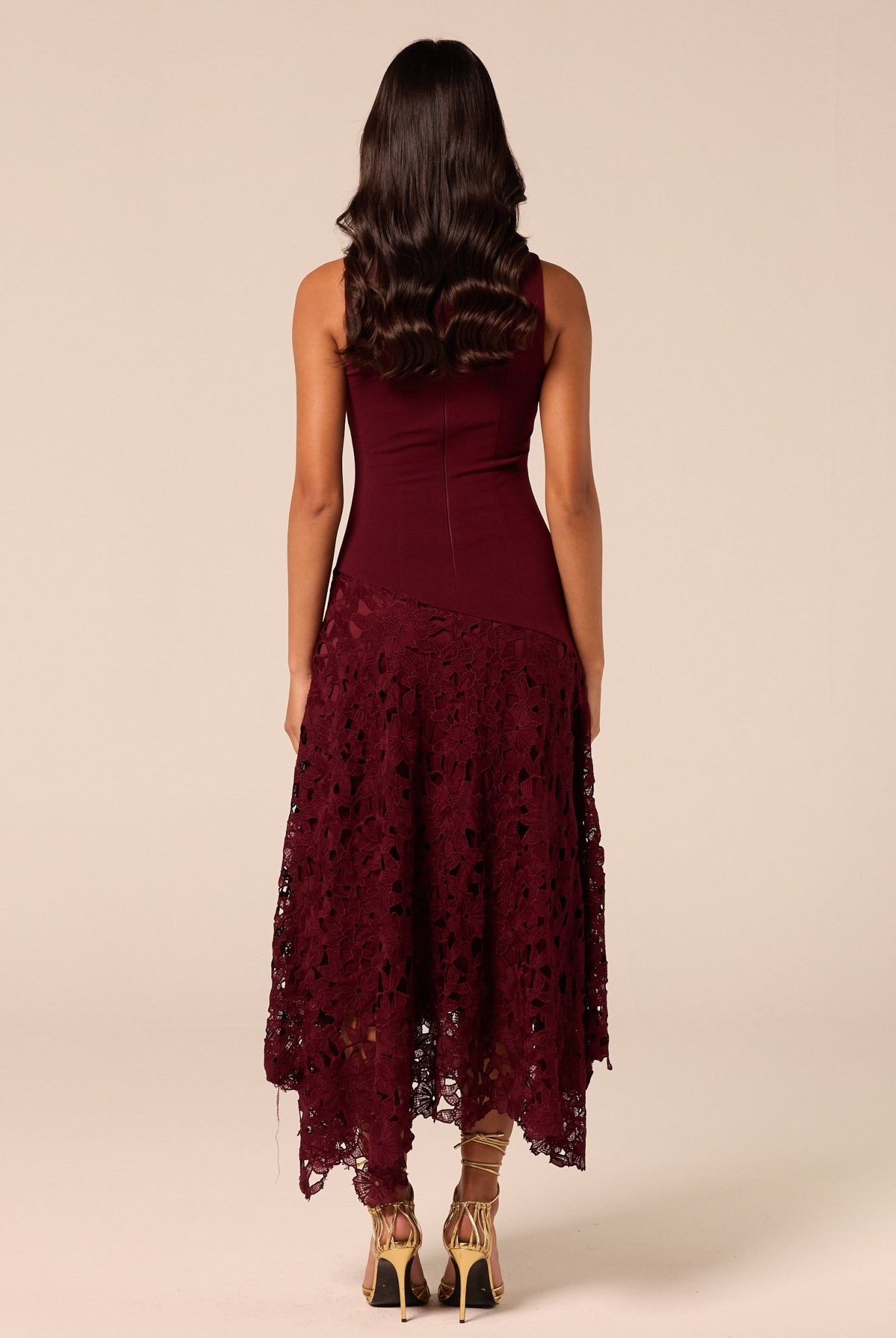 Burgundy Asymmetric Lace-Overlay Cotton Dress - shopaleena