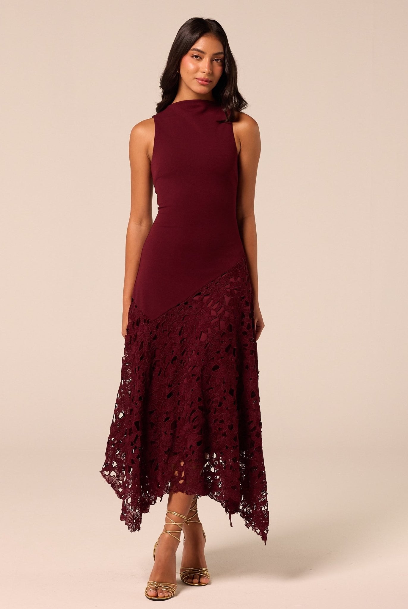 Burgundy Asymmetric Lace-Overlay Cotton Dress - shopaleena