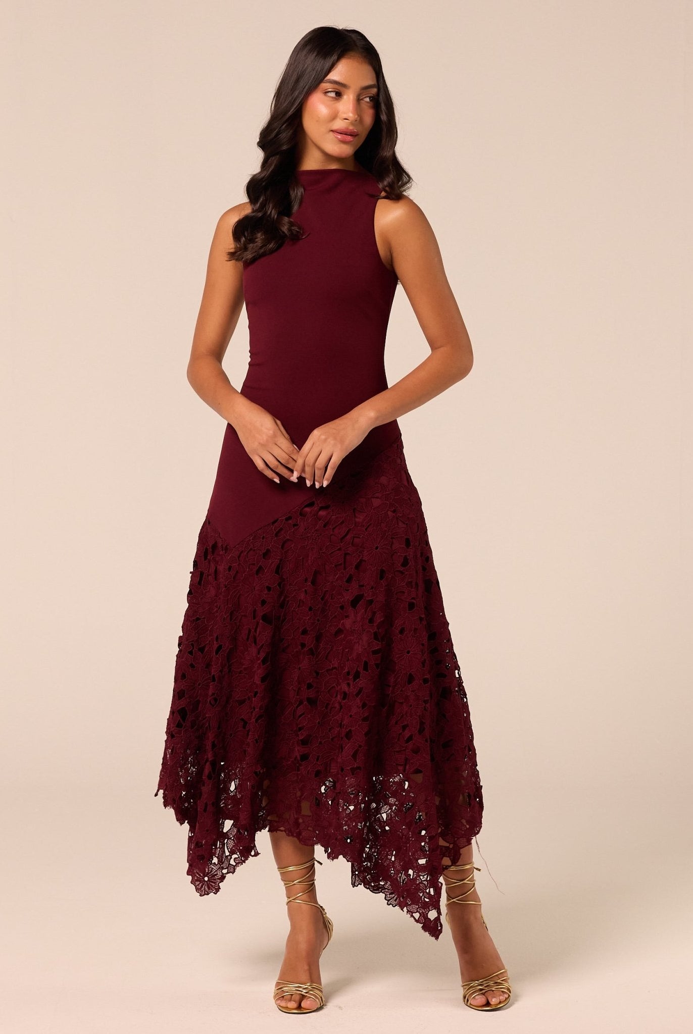 Burgundy Asymmetric Lace-Overlay Cotton Dress - shopaleena